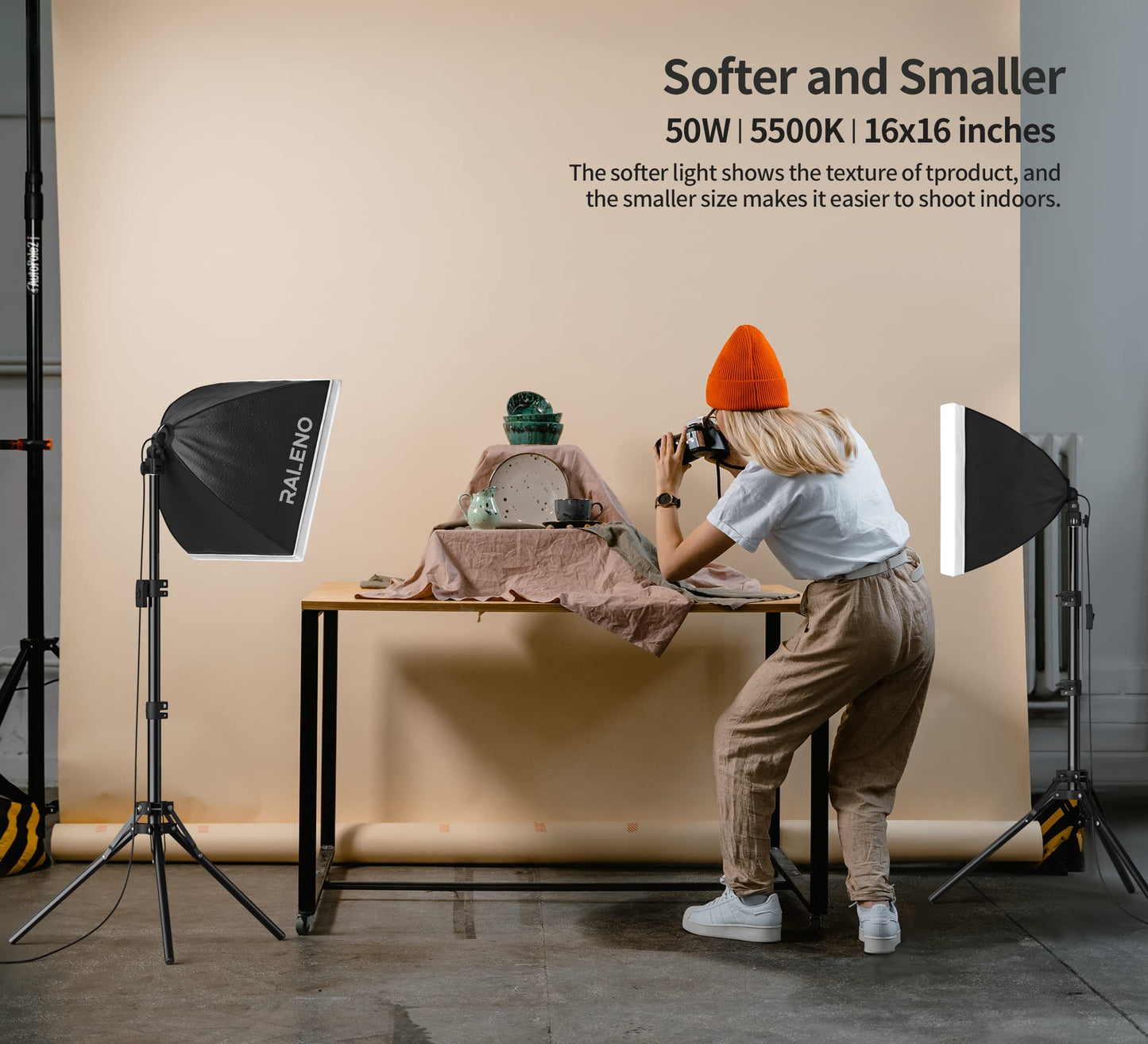 RALENO Softbox Lighting Kit, 2 x 16'' x 16'' Photography Studio Equipments with 50W / 5500K / 95 CRI LED Bulbs, Continuous Lighting System for Video Recording and Photography Shooting Model:PS080