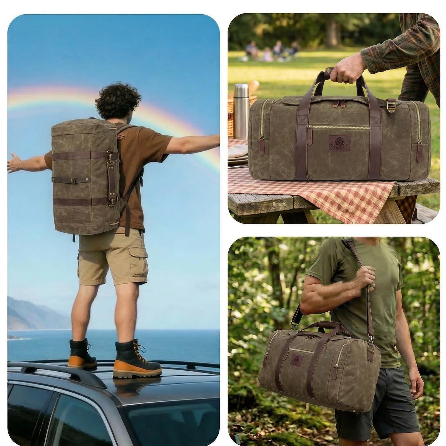 Densata Duffle Bag for Travel, 50L Waxed Canvas Duffle Bag Vintage Travel Bag Overnight Bag with Shoes Compartment Men (Vintage Grey, Large-50L)