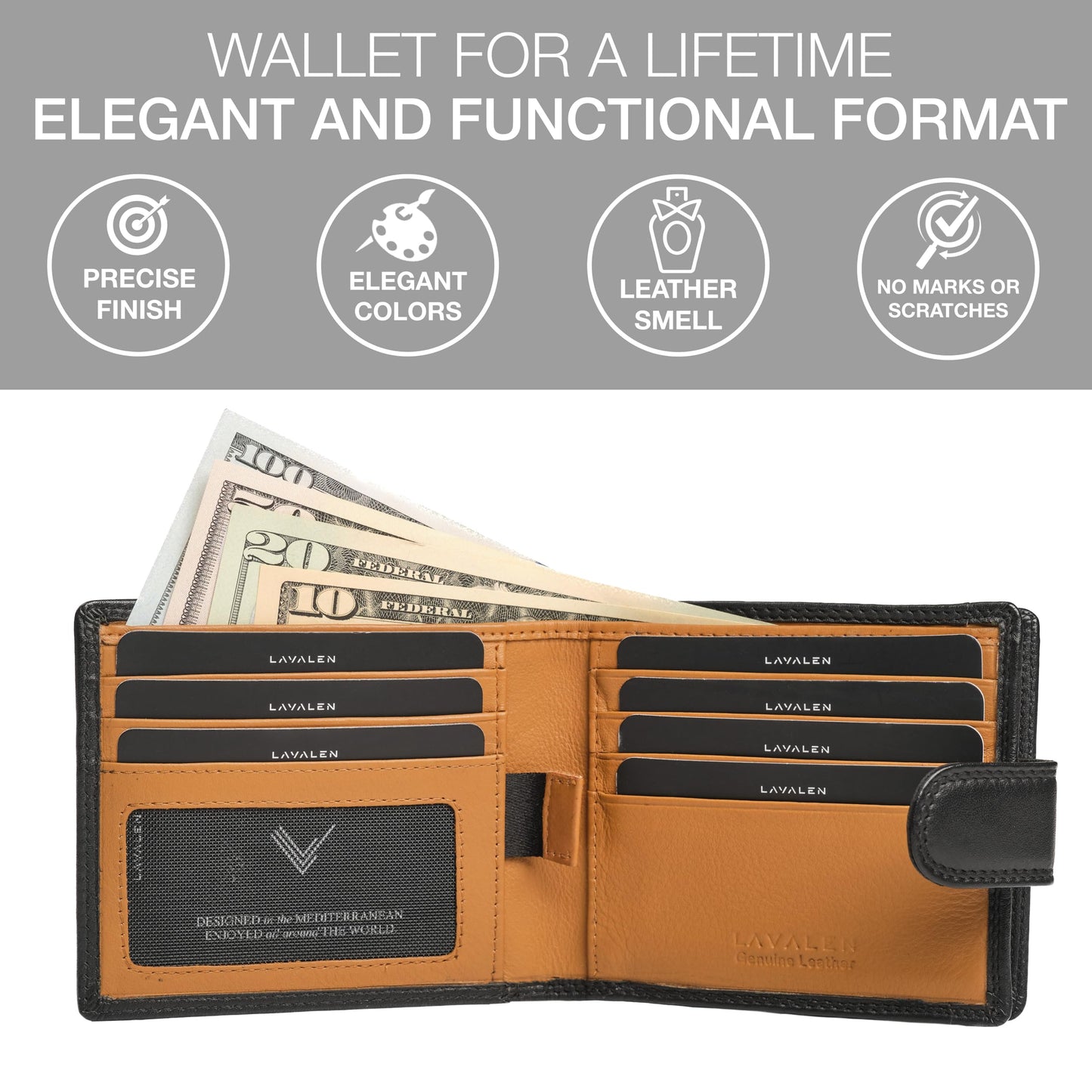 Lavalen Soft Leather Wallet for Men – Genuine Bifold with Zipper Coin Pocket – Holds Bills, Credit Cards, Coins – RFID Blocking Protection – Stylish, Durable & Practical Leather Wallet for Men