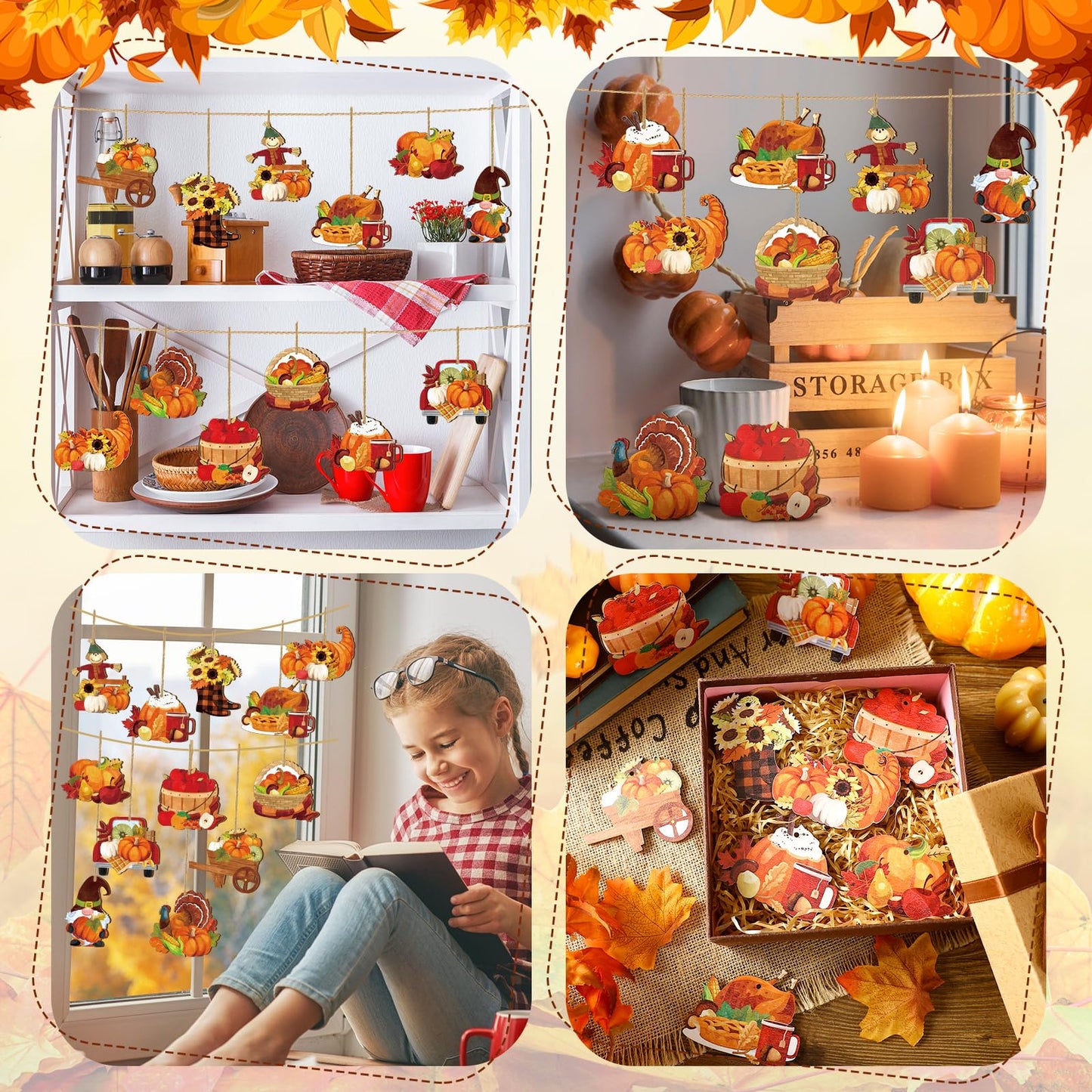 Huwena 36 Pcs Thanksgiving Tree Ornaments Fall Tree Decorations Pumpkin Scarecrow Turkey Gnome Wood Cutouts with Ropes Fall Wooden Ornaments for Autumn Harvest Party Decor