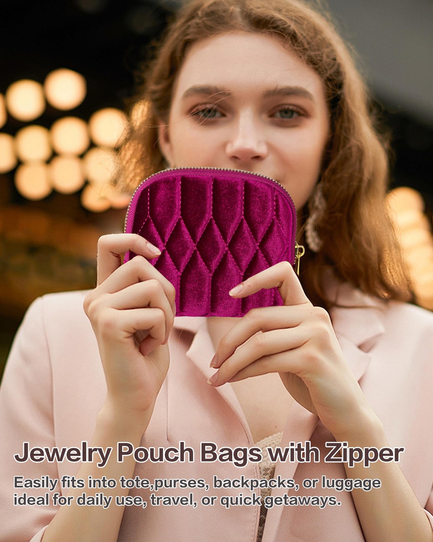 Vidifina Travel Jewelry Case,Mini Travel Jewelry Bag with Zipper,5-Layer Velvet Organizer Pouch for Bracelet Rings Earrings - Diamond Stitched Velvet Teal Blue