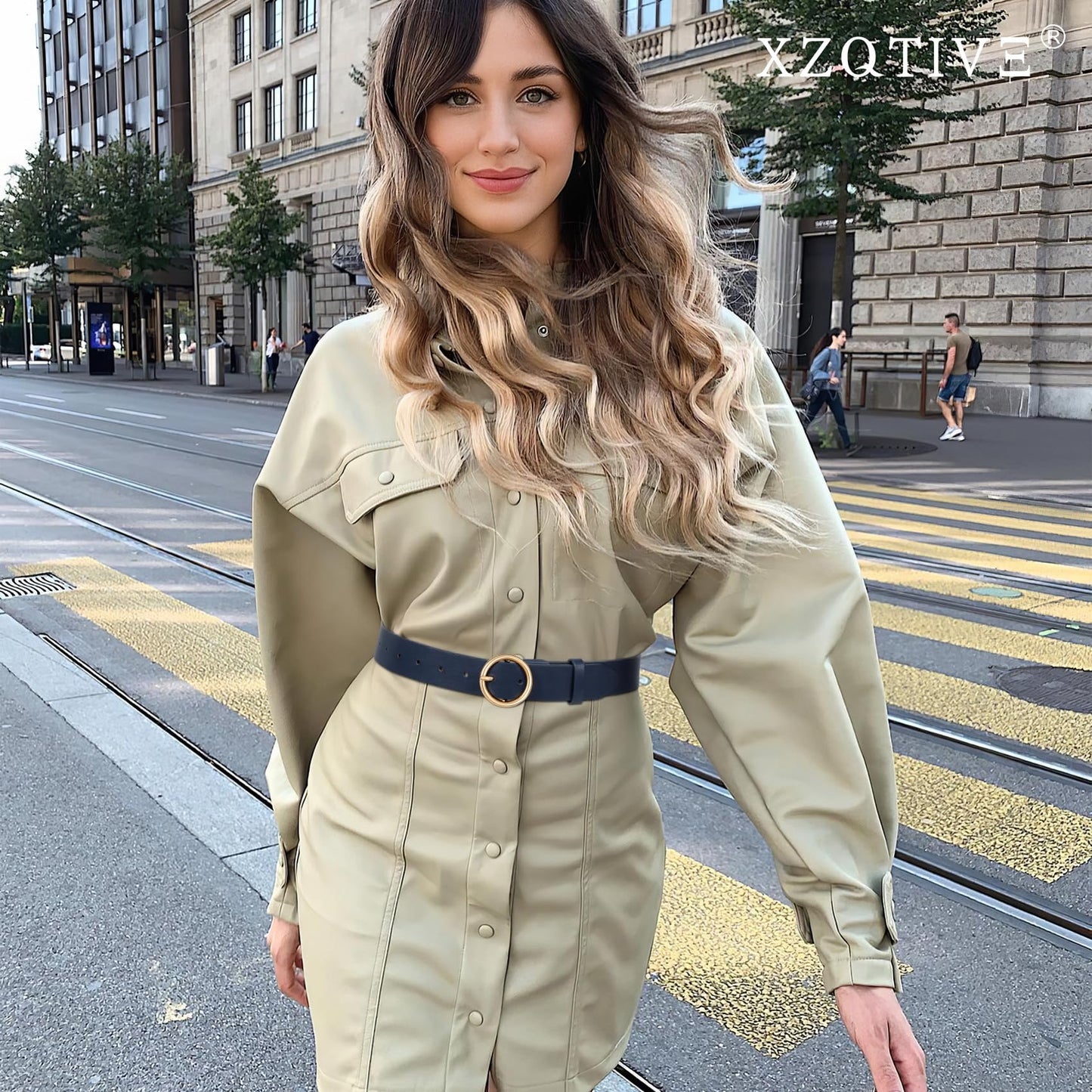 XZQTIVE Women Leather Belt with Circle Gold Buckle Fashion Ladies Waist Belt for Jeans Pants Dresses,Navy