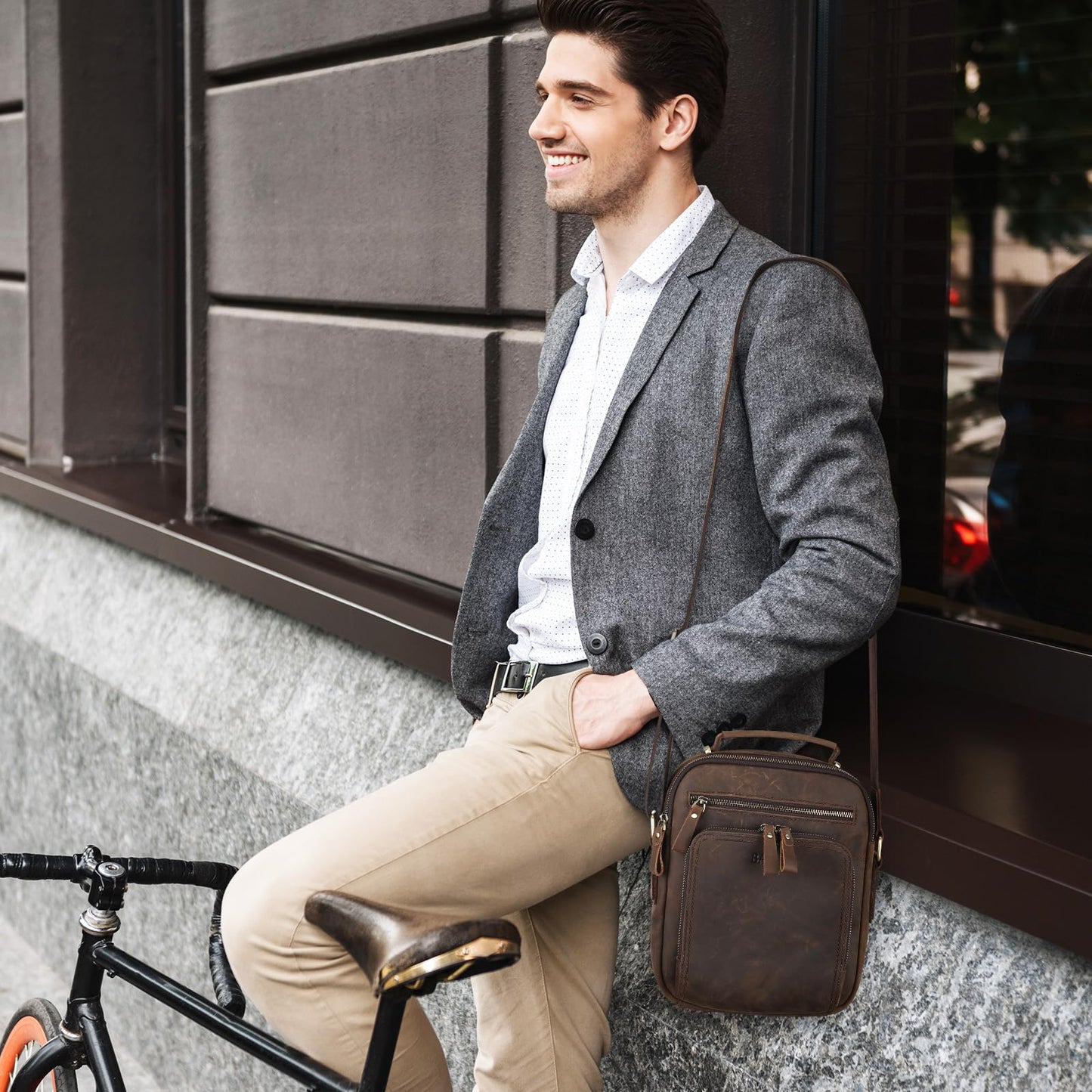 BAIGIO Genuine Leather Small Messenger Bag for Men Crossbody Shoulder Bag for Ipad Small Handbag Vintage Man Purse Daily Business(Dark Brown)