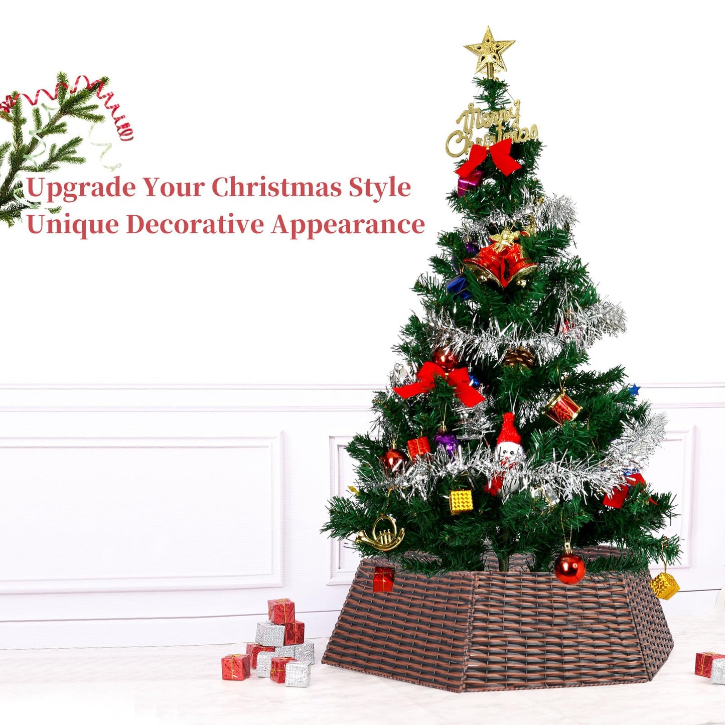 Vencer 34.2''Christmas Tree Collar,Plastic Rattan Xmas Tree Skirt,Rustic Decorations,Tree Skirt Base for Christmas Tree Decorations,Red&Black,CTS-RB008