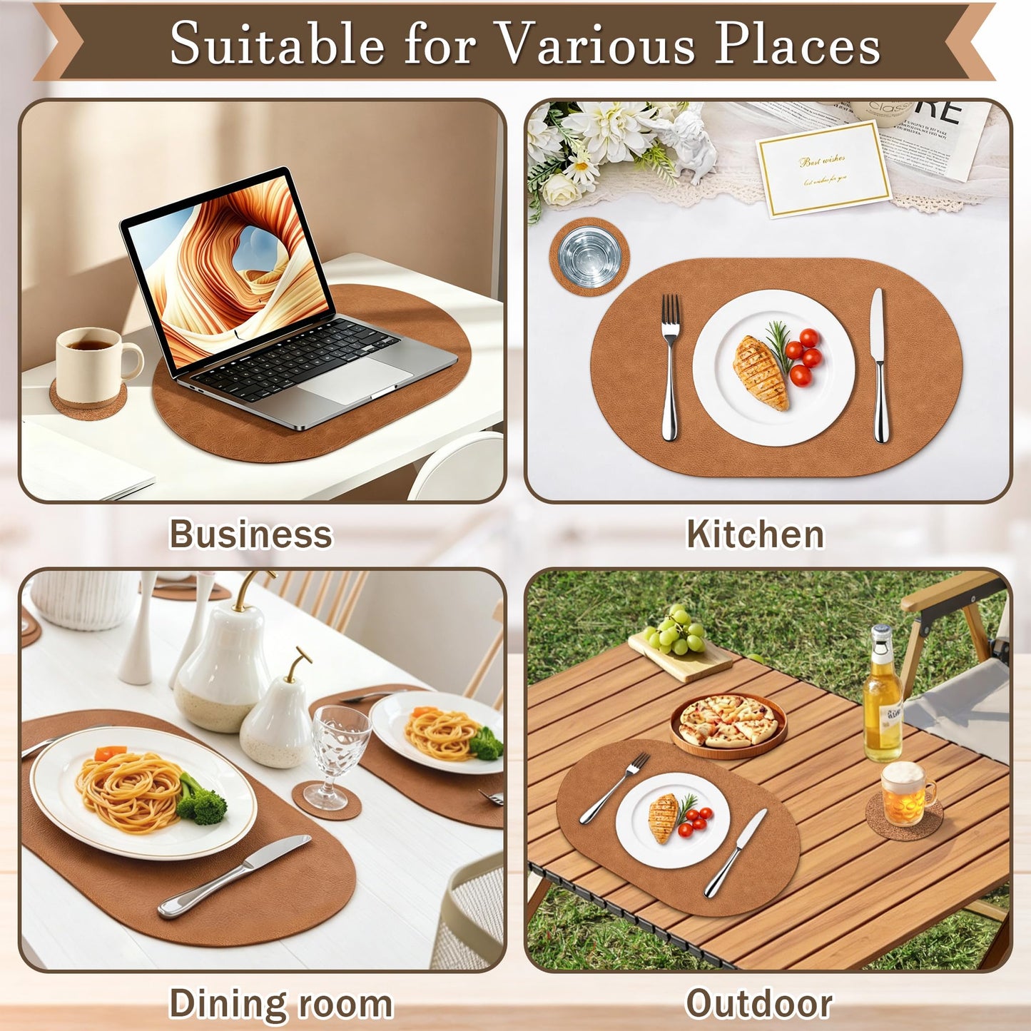 QTRQTR Oval Placemats Set of 6 Washable 12 x 17 Inch, Wipeable Placemat and Round Coasters Leather Place Mats Heat Resistant Table Mats for Kitchen Dining Outdoor