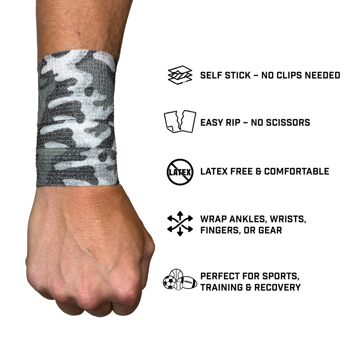 Self Stick Athletic Tape – 2” x 6.5 Yards – Latex-Free, Easy Rip Sports Wrap for Football, Baseball, Soccer, Wrist, Ankle, Finger & Injury Support (Blackout Camo)