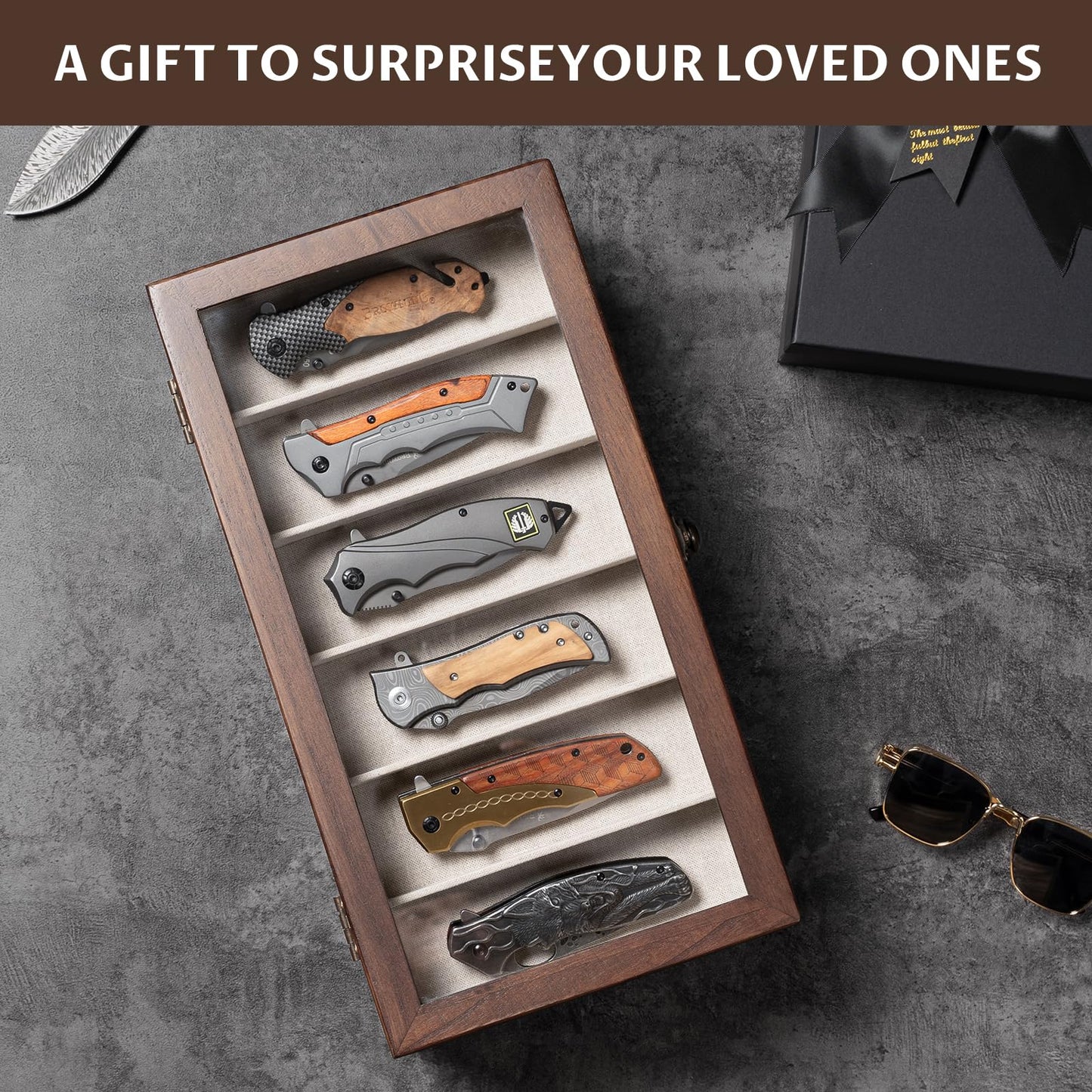 Yoimori Knives Display Box, 3-Layer Pocket Knives Box Display & Storage Knives, Solid Wood Knives Box for Collections, Gift for Boyfriend Fathers Day Birthday Gifts(Walnut)
