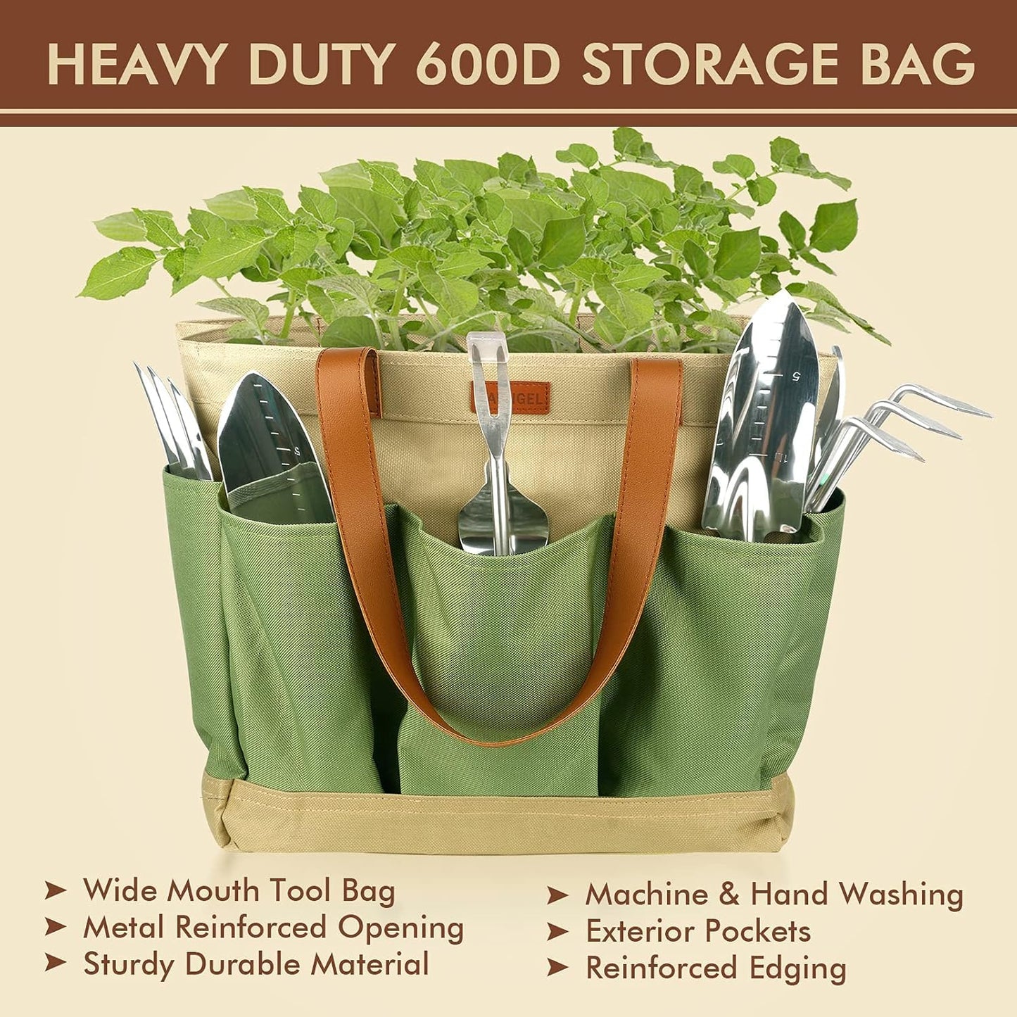YAUNGEL Gardening Tools - 10 Pcs Garden Tool Set Heavy Duty Stainless Steel Garden Supplies Hand Tools with Wooden Handle, Storage Tote Bag, Gardening Gifts for Women and Men