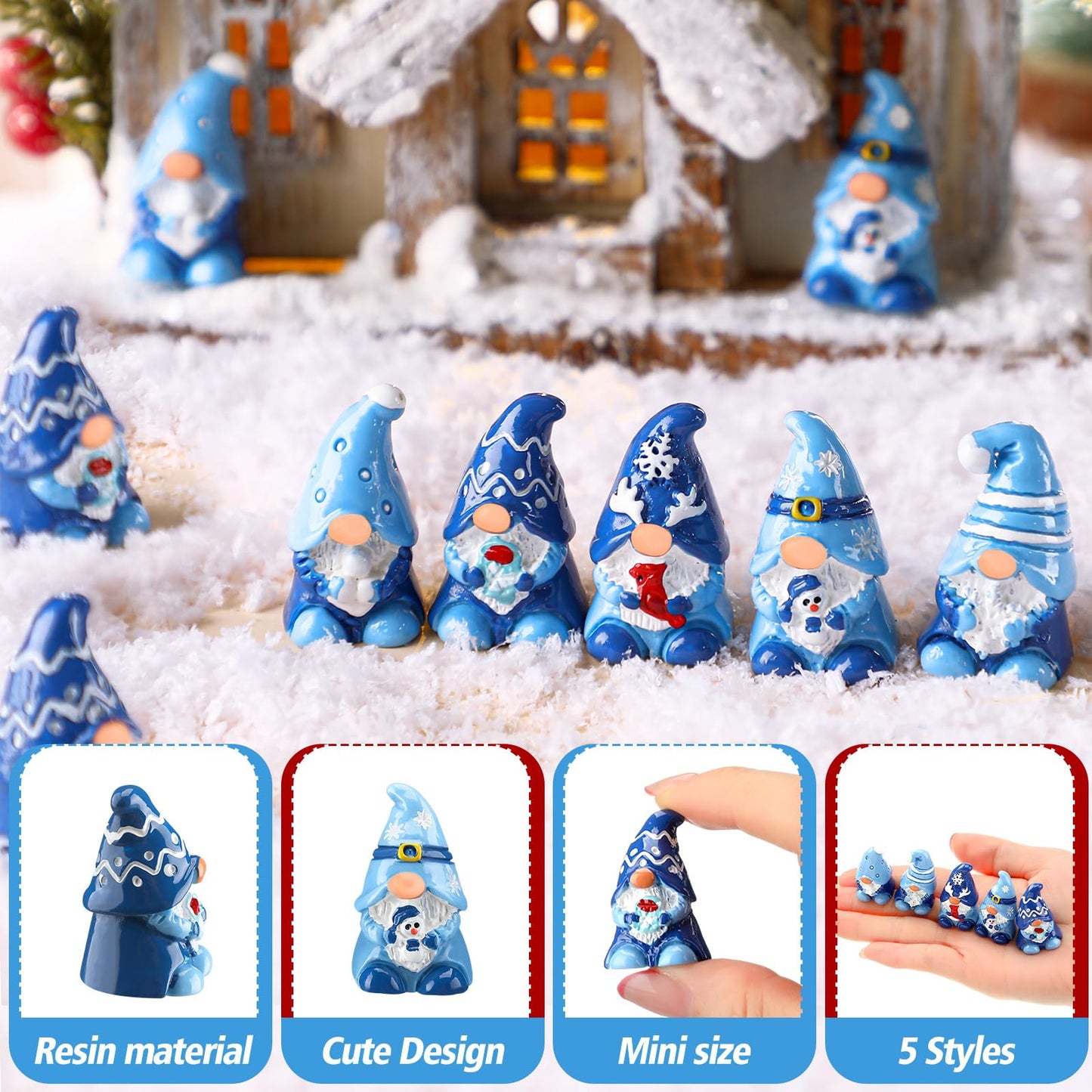 Quzzil 80 Pcs Winter Mini Gnomes Figurines Winter Snowflake Miniature Figurines Tiny Resin Statues Snowman Table Centerpieces for Patio Garden Ornament to Hide Party Favors