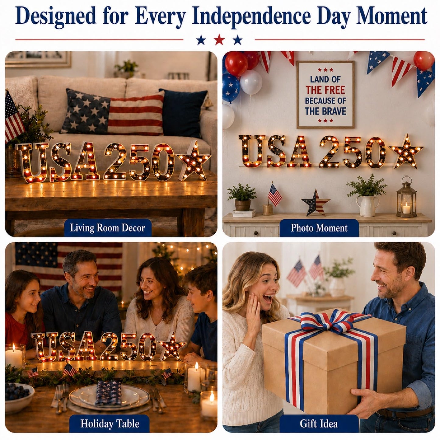 7 Pcs 8.5" USA 250th Anniversary Light Up Marquee Letters Sign, 1776–2026 American Flag Large LED Letters, Patriotic 4th of July Independence Day Decorations for Home Decor, Table Centerpiece & Party