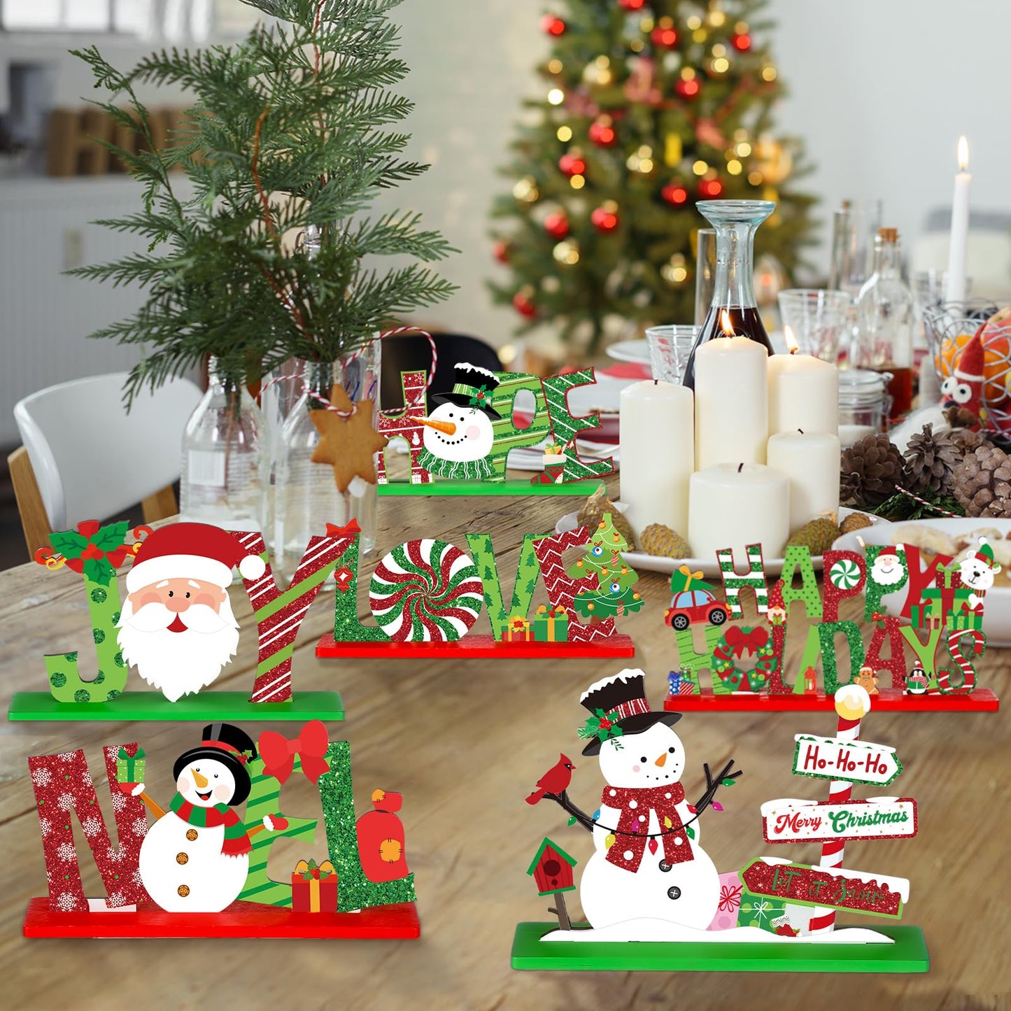 Marsui 12 Pcs Christmas Wooden Table Decor Xmas Decorative Home Table Centerpiece Merry Christmas Wood Signs Lime Green and Red Hope Believe Joy Noel Peace Love Wooden Signs for Party Decoration