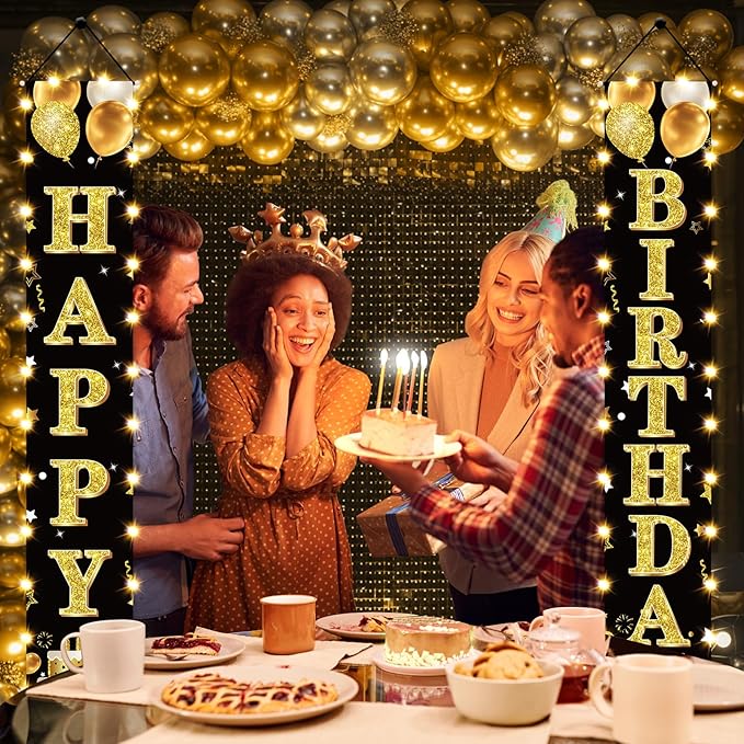 Birthday Lighted Banner Decorations for Men Women - Black Gold Happy Birthday Porch Sign with LED Light Party Supplies, 16th 21st 30th 40th 50th 60th 70th 80th 90th Bday for Indoor Outdoor