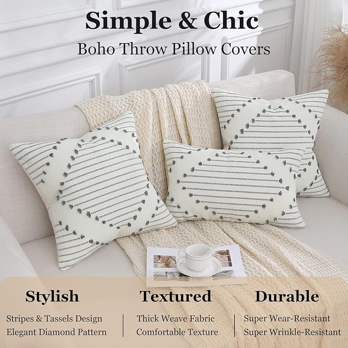 Mecatny Boho Outdoor Throw Pillow Covers 12X20 Set of 2, Farmhouse Lumbar Pillow Covers for Couch Sofa Living Room, Grey & Cream White