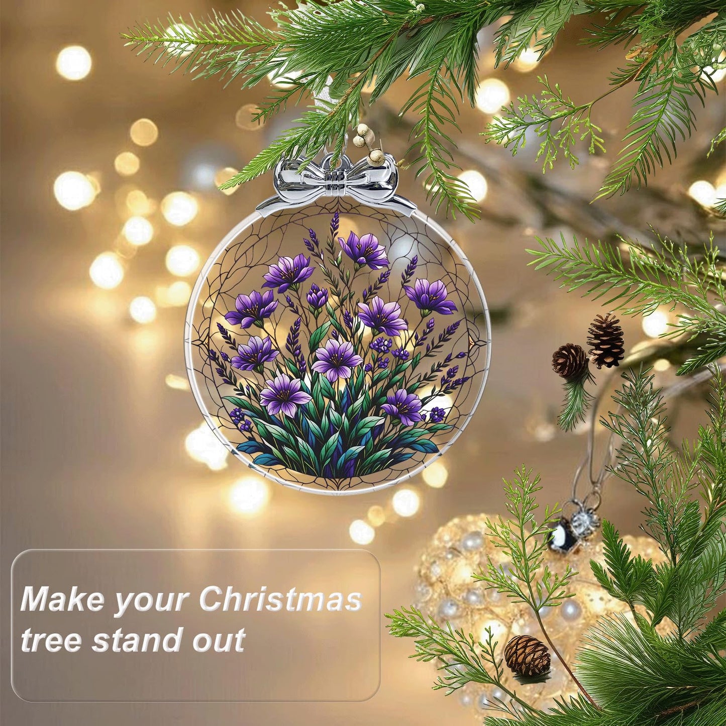 Bauhinia & Violets Crystal Glass Hanging Ornament for Christmas Tree Decor, Christmas Ornaments Xmas Decorations, Holiday Keepsake Present Exchange Ideas