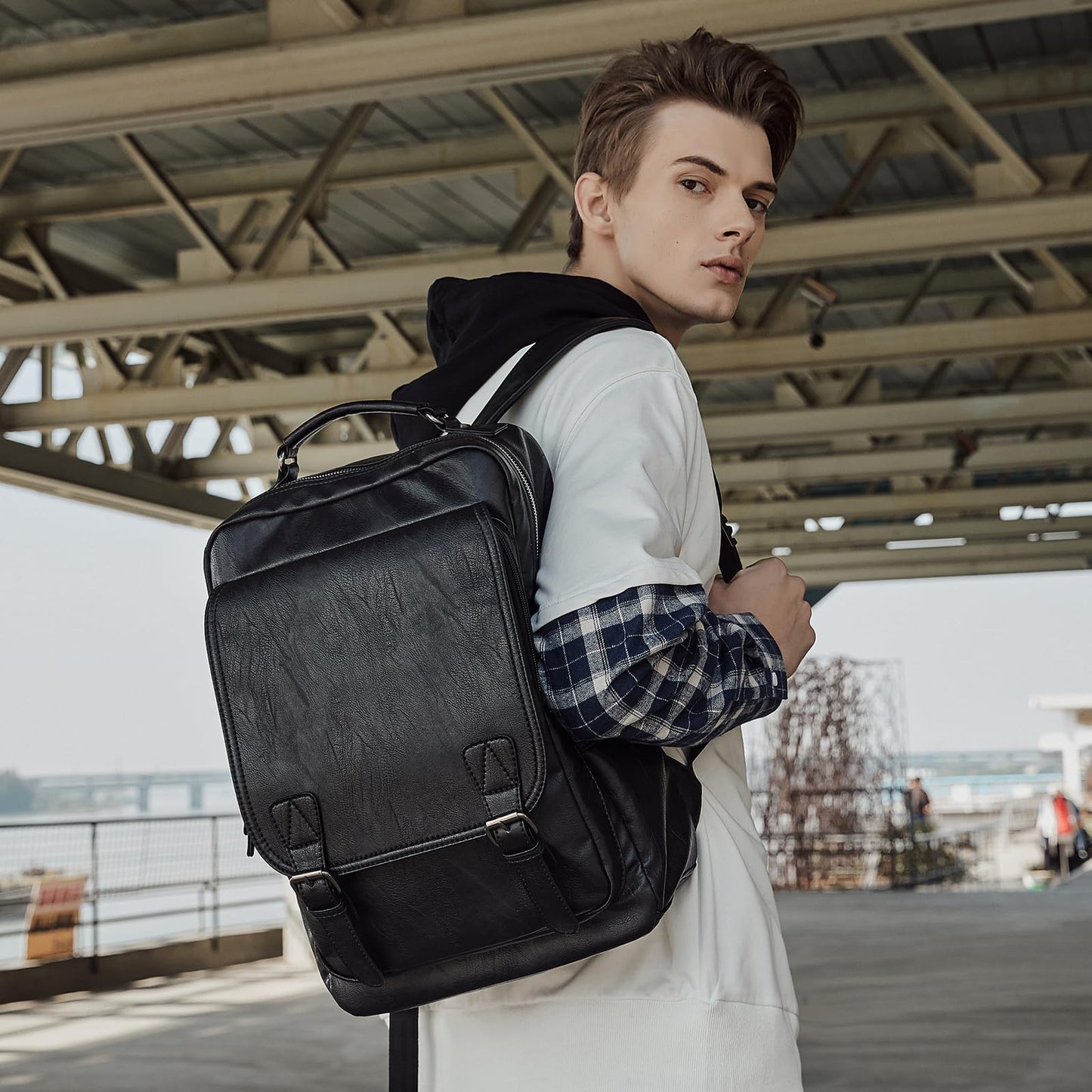 MATE ELAN Leather Travel Laptop Backpack For Men Fit 15.6" Waterproof Vintage Backpack Business Work Knapsack College Commute Hiking Black Backpacks