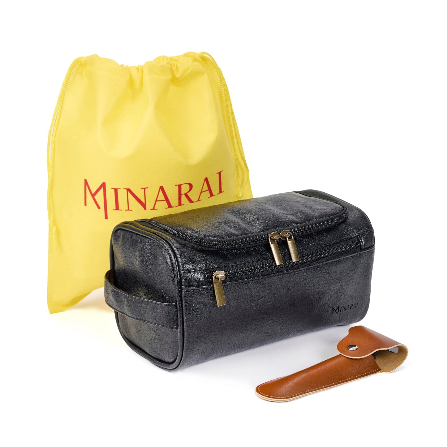 MINARAI Mens Toiletry Travel Bag with Razor Case & Dust Bag – Premium PU Leather Organizer with Hanging Design and Structured Storage – Mens Toiletry Bag for Travel, Gym, and Everyday Gift–BLACK