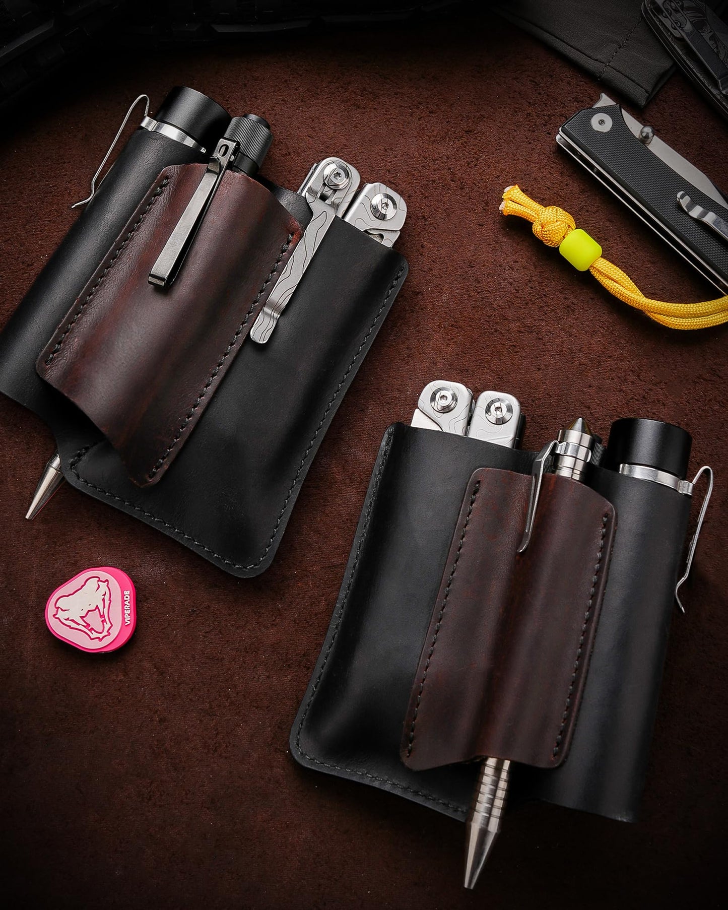 VIPERAED PJ38 Leather Multitool Sheath for Men, 4-in-1 Utility Leather Holster, EDC Pocket Organizer for Pocket Knife Multitool Flashlight and Pen