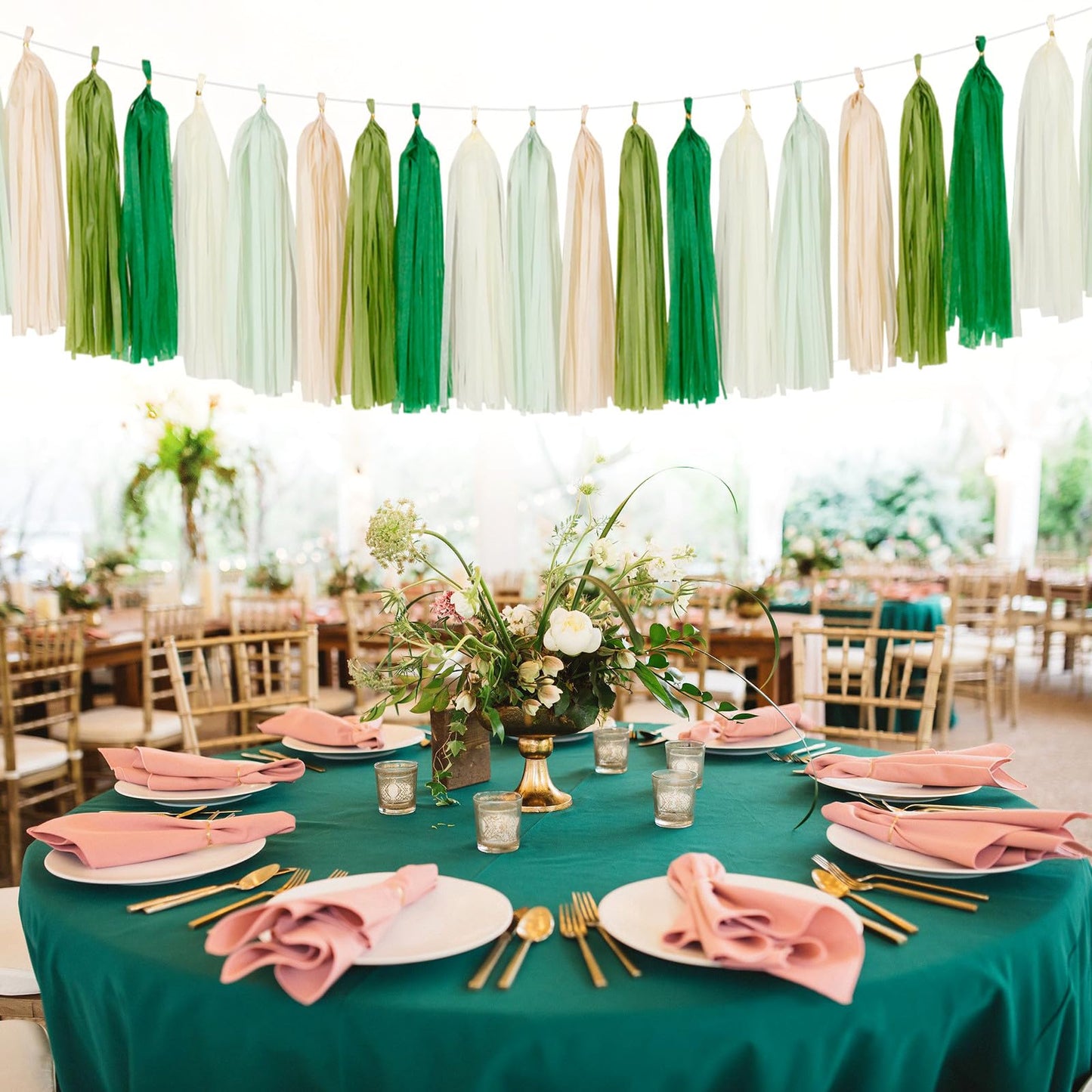 Sage-Olive Green Champagne-Gold Party Decorations - 30pcs Rustic Boho Wedding Paper Tissue Pom Poms Streamers,Tassel Garland Banner,Birthday Baby Bridal Shower Engagement Decor Lasting Surprise