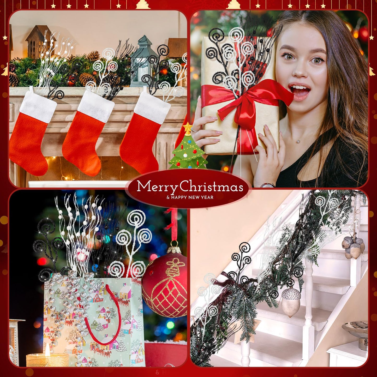 Daifunli 36 Pcs Black White Christmas Tree Picks and Sprays Ornaments 17'' 12'' Artificial Glitter Christmas Berry Stem Stick Branches Tree Filler Topper for Xmas Wreath Vase Home Decoration