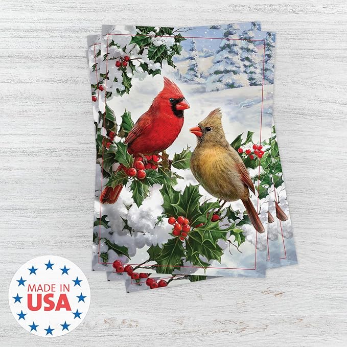Masterpiece Cardinal Couple Christmas Cards / 16 Festive Holiday Cards With Coordinating White Envelopes Set / 5 5/8" x 7 7/8" Winter Cardinals Greeting Cards With Inside Verse/Made In The USA
