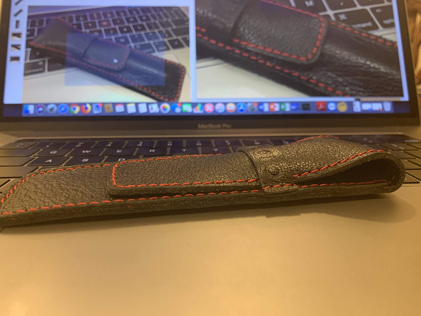 DiLoro Full Grain Leather Single Pen Case Holder Pouch Pencil Organizer (Buffalo Black w Red)