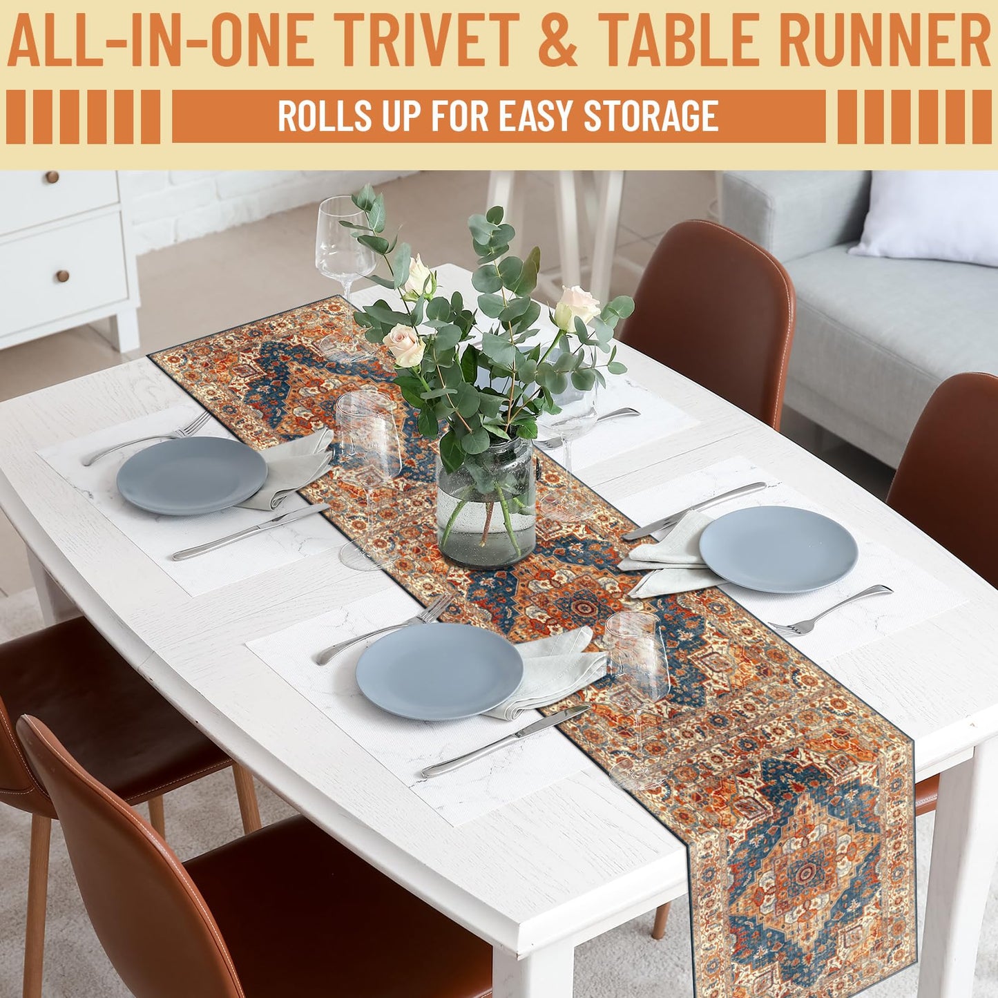 SmoothNovelty Boho Heat Resistant Table Runner 39.4 x 11.8 Inch Faux Leather & Rubber Waterproof Table Protector Pad Heat Proof Trivet 350f for Hot Plates and Pots from Scratch