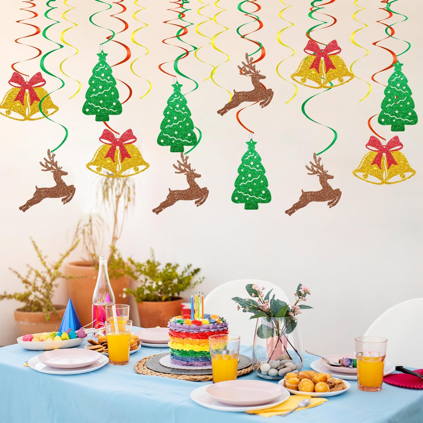 30pcs Christmas Hanging Swirls, Winter Holiday Hanging Decoration, Merry Christmas Reindeer Bells Foil Ceilling Decor, Xmas Party Favors - Gold Glitter