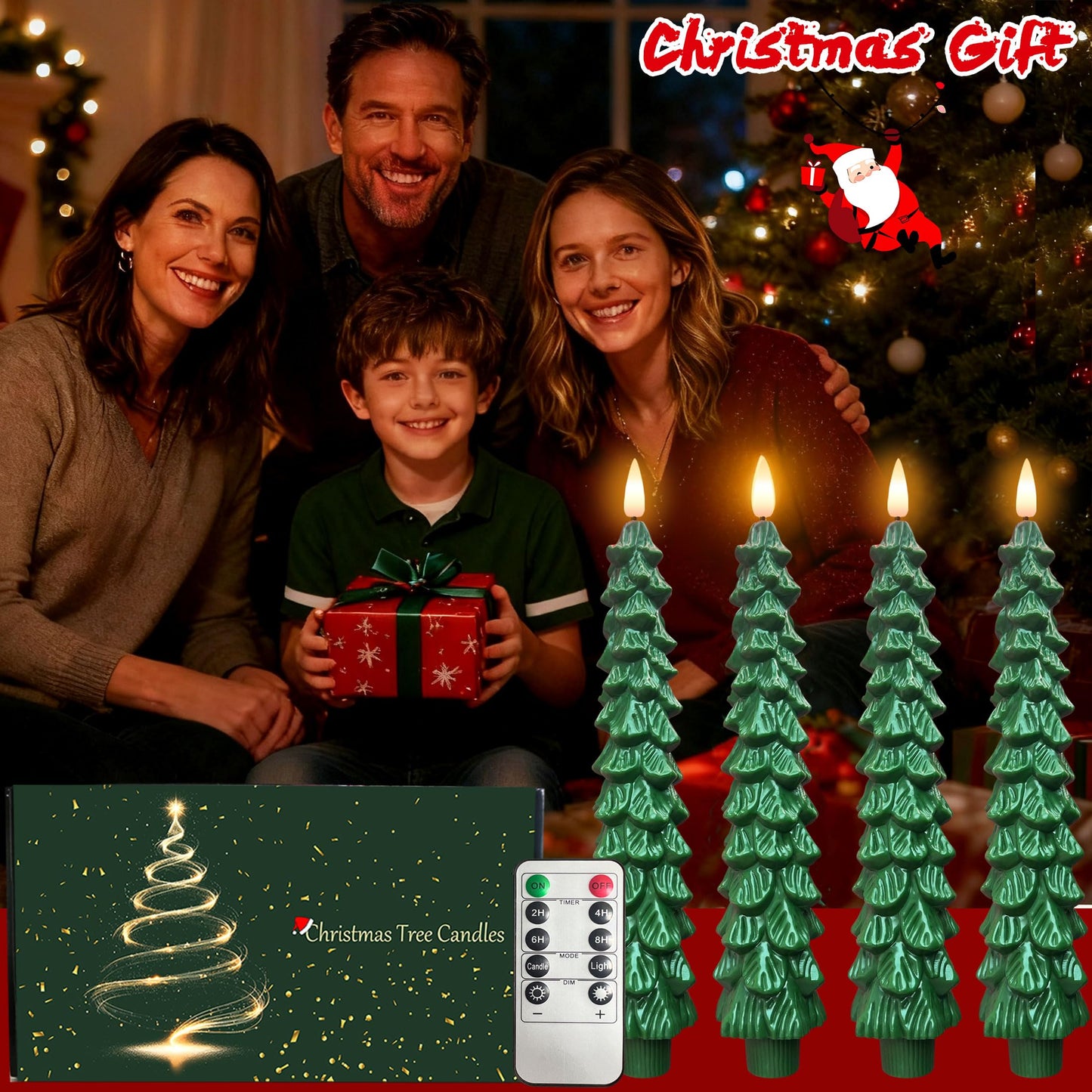 Qaeshi Christmas Tree Candles with Remote, Real Wax LED Flameless Taper Candles, Battery Operated 3D Flickering Candlesticks, Tree Taper Candle for Window Home Christmas Table Decorations (4pcs)