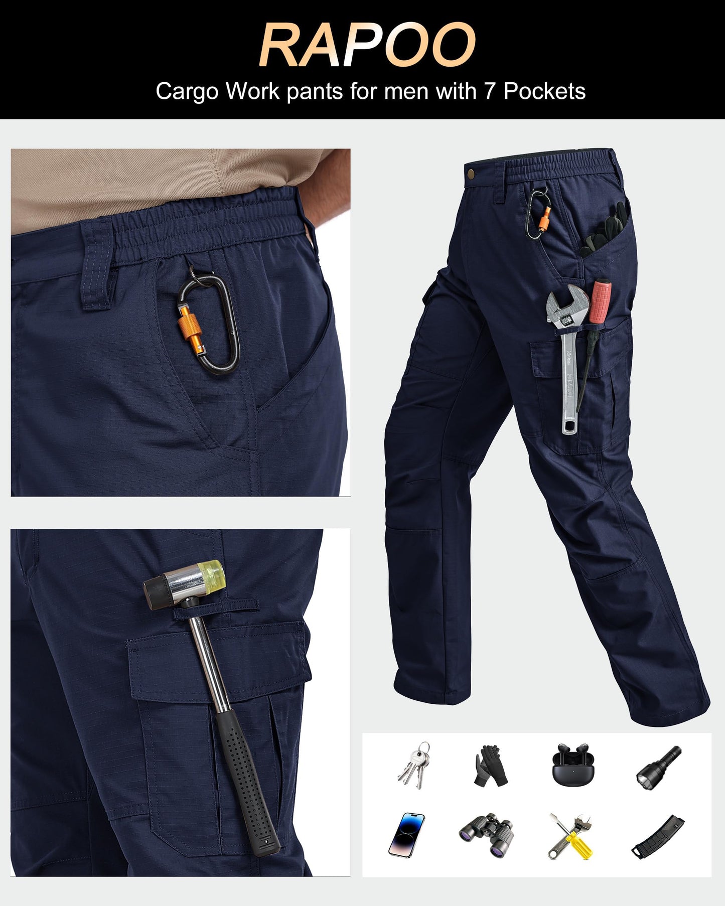 Rapoo Tactical Pants for Men Cargo Working Fishing Hiking Pants for Men with Pockets Mens Construction Outdoor Pants Navy 32Wx34L
