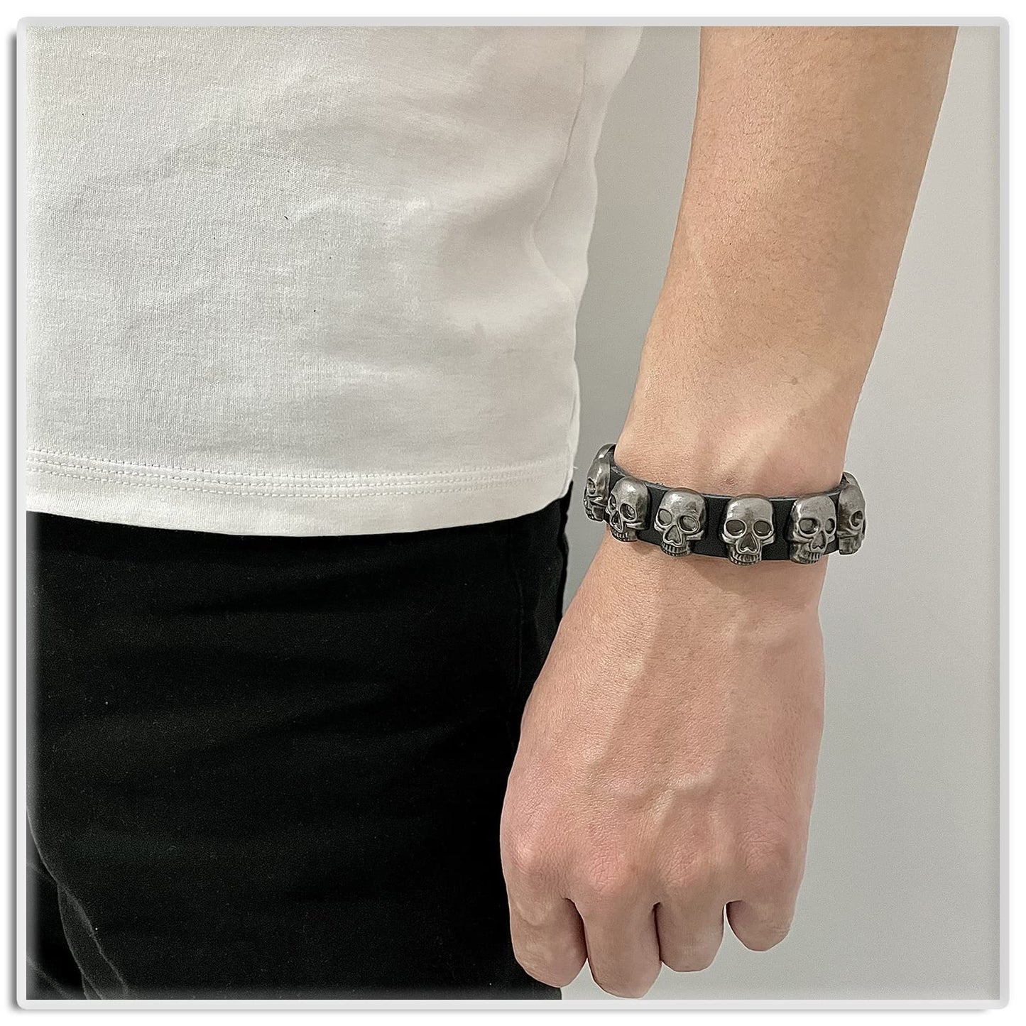 Xusamss Punk Rock Alloy Buckle Leather Wristband Skull Cuff Bracelet(Black Leather)