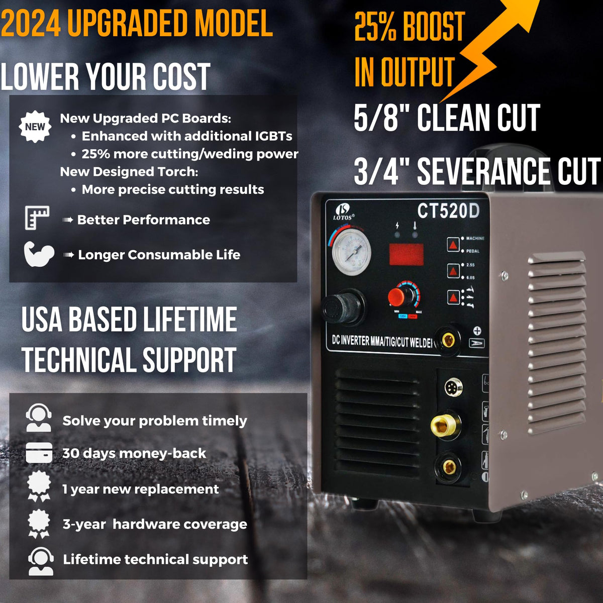 LOTOS LTPDC2000D 2024 Upgraded 3 in 1 Plasma Cutter TIG Sitck Welder Combo, 5/8" 16mm Clean Cut 3/4" 20mm Severance Cut 50A Non-Touch Pilot Arc Plasma Cutting Machine, 200A Tig & Stick Welder, Brown