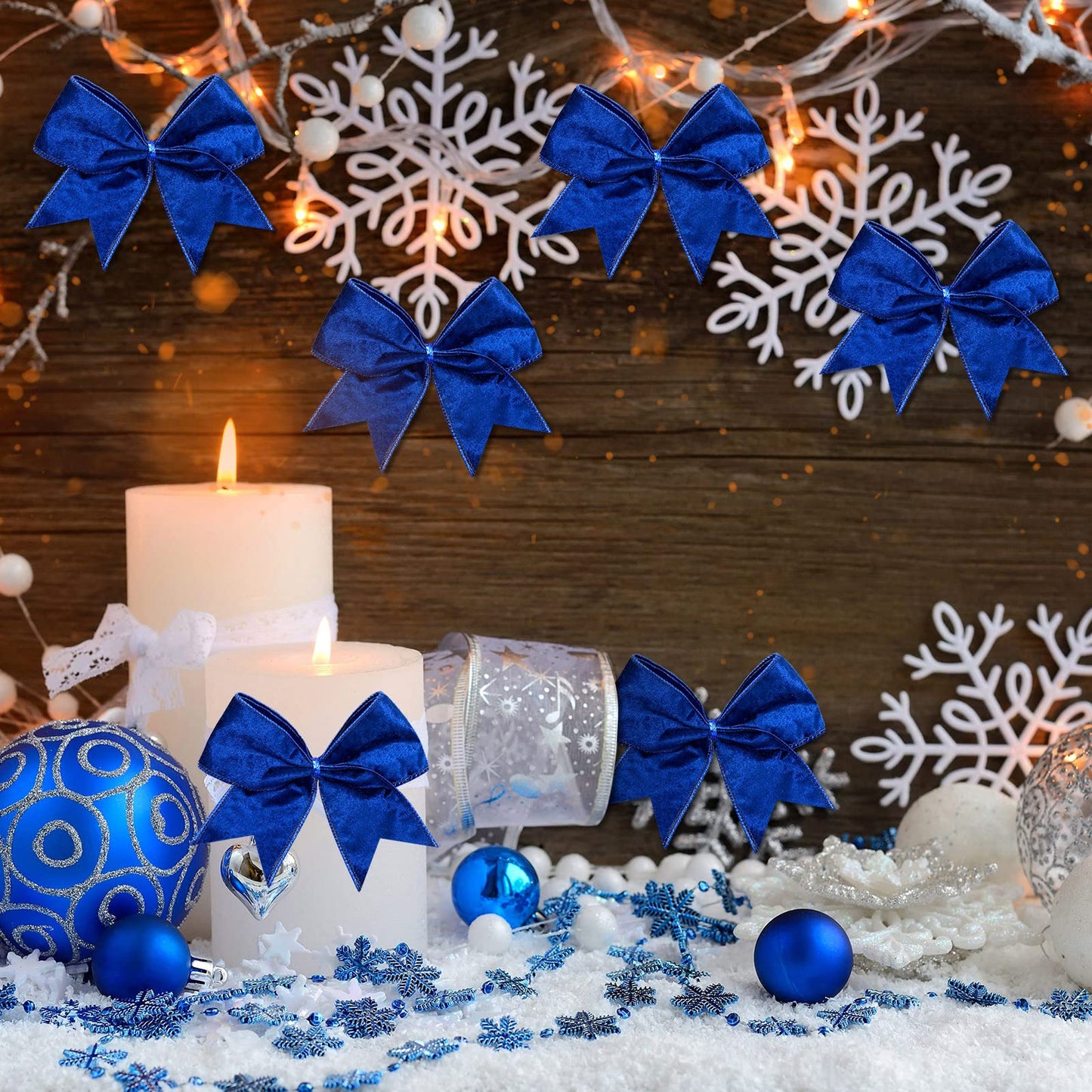 Panelee 12 Pcs Blue Velvet Winter Bows 6 x 6 in Wreath Bow Christmas Holiday Tree Decorations Ornaments for Hanukkah Xmas Tree Topper Wreath Garland Party Gift Wrapping DIY Decor