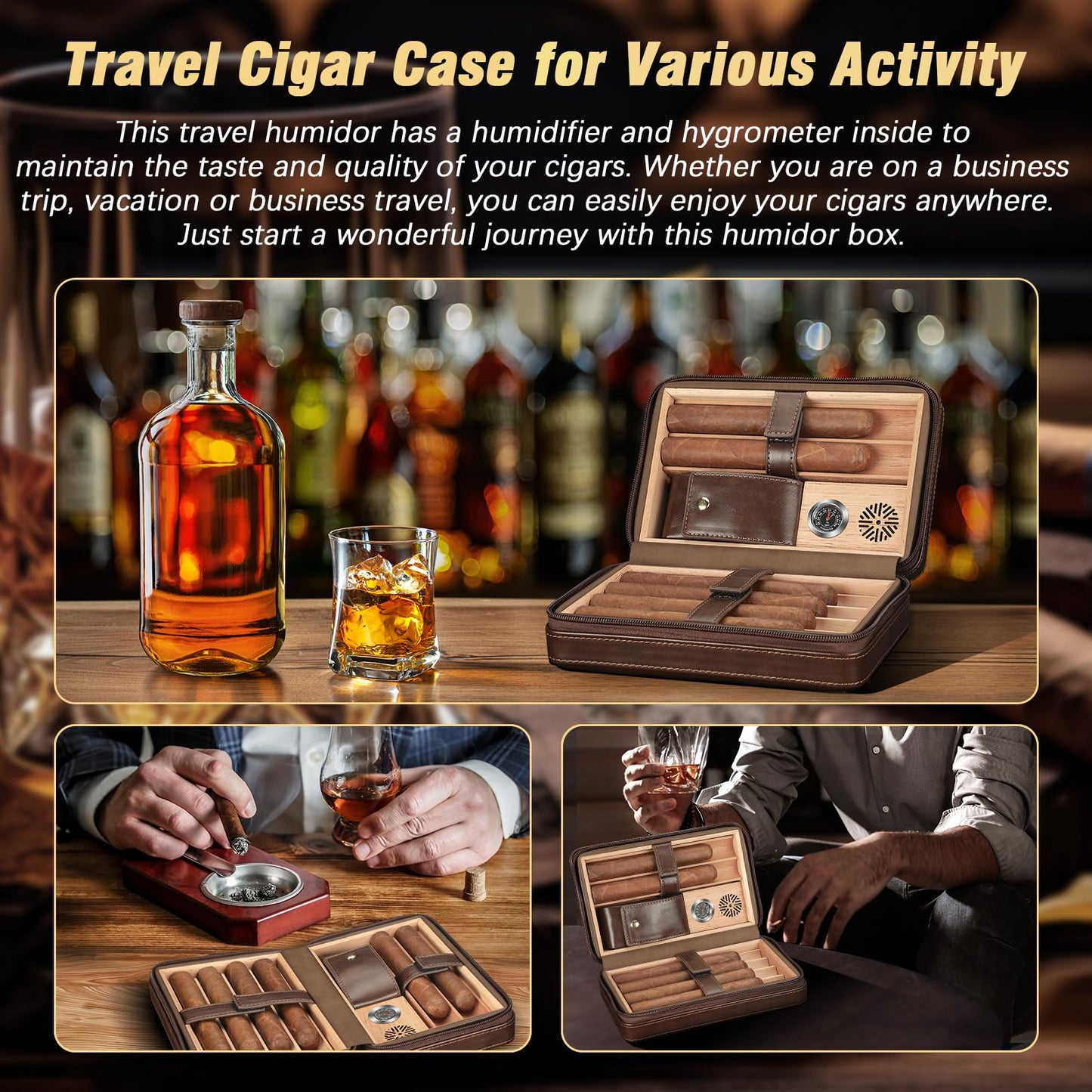 TISFA Cigar Humidor, Leather Cigar Case with Cigar Lighter, Cigar Cutter V Cut, Cigar Stand 3 in 1, Portable Travel Humidor with Humidifier, Cigar Gift Cedar Wood Cigar Box (Dark Brown)