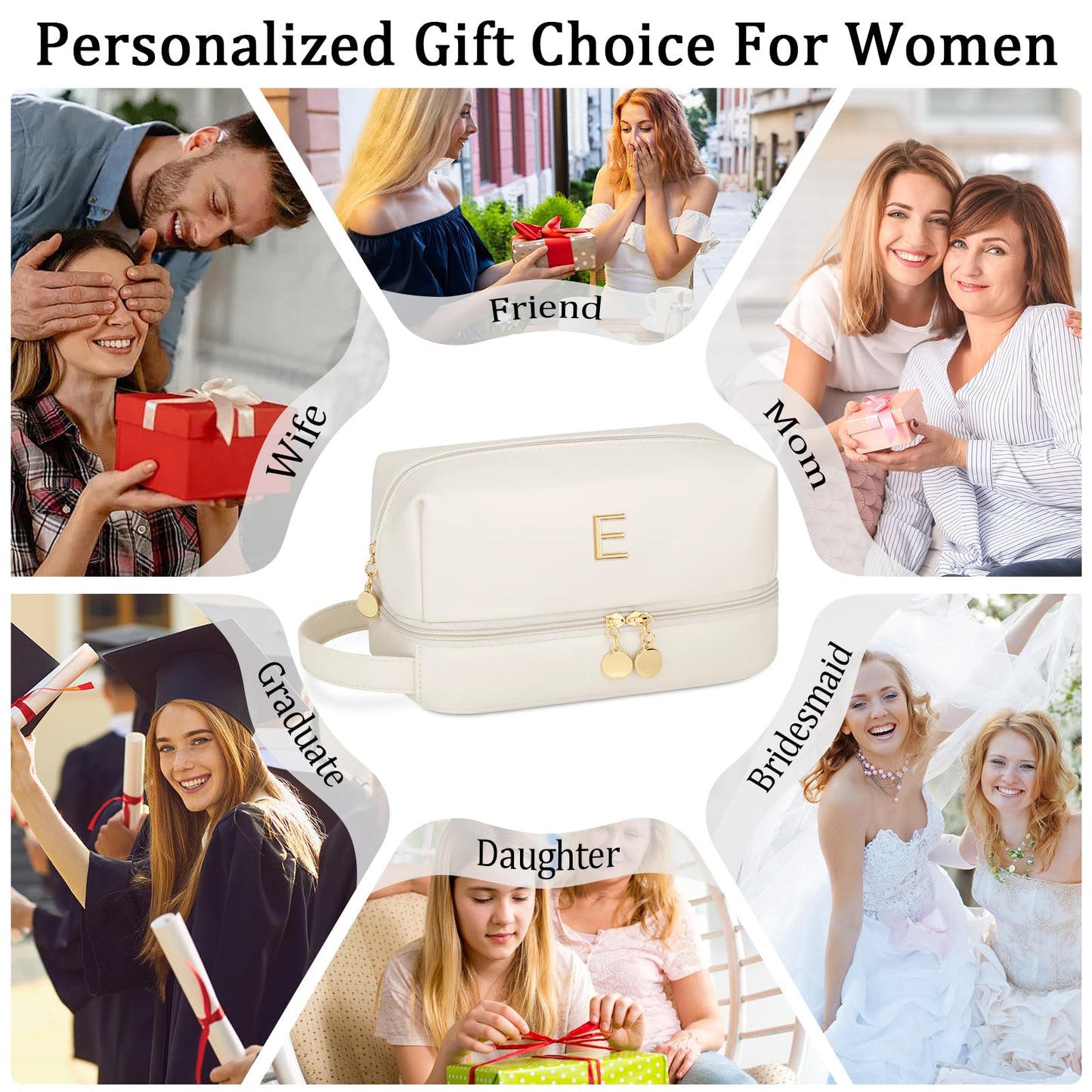 CLOUDWINGS Initial Makeup Bag for Women - Personalized Double Layer Cosmetic Bags with Makeup Brush Organizer, Hanging Travel Toiletry Bag with Large Capacity, Gifts for Mom Girlfriend Wife(Beige E)
