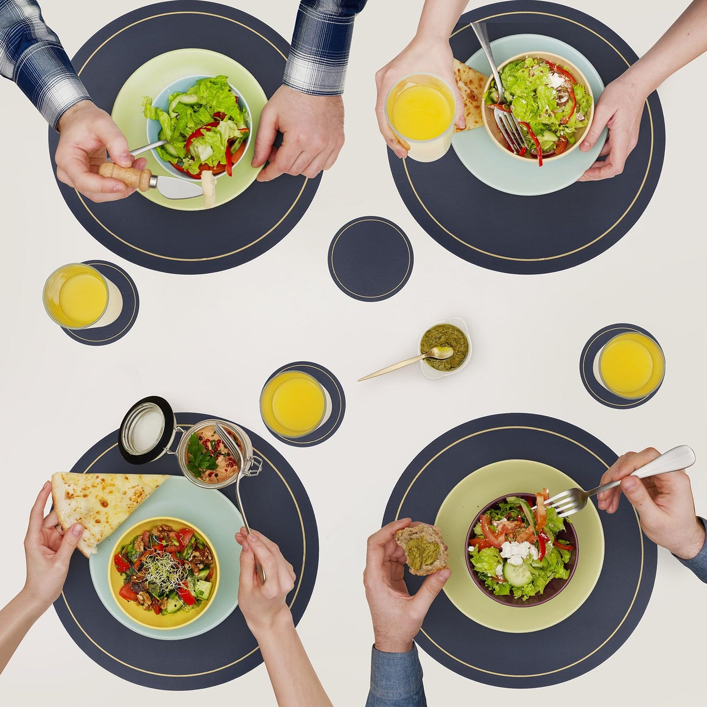Sunnychicc Set of 12 Round Placemats and Coasters 13 Inch Faux Leather Placemats and 4 Inch Circle Coasters Waterproof Non Slip Kitchen Table Mats with Gold Trim for Dining Table Kitchen (Navy Blue)