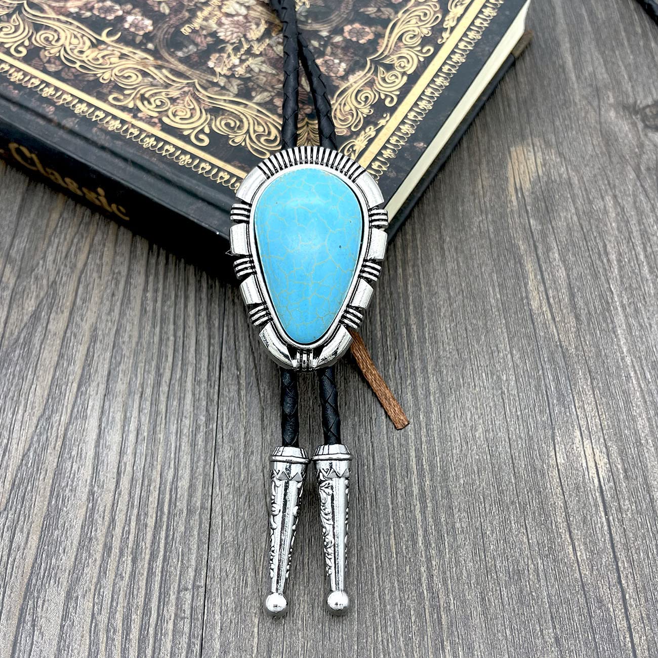 YOQUCOL Droplet Shape Blue Turquoise Stone Bolo Tie Native Western Cowboy Bola Tie Hand-woven Leather Necktie for Men Women