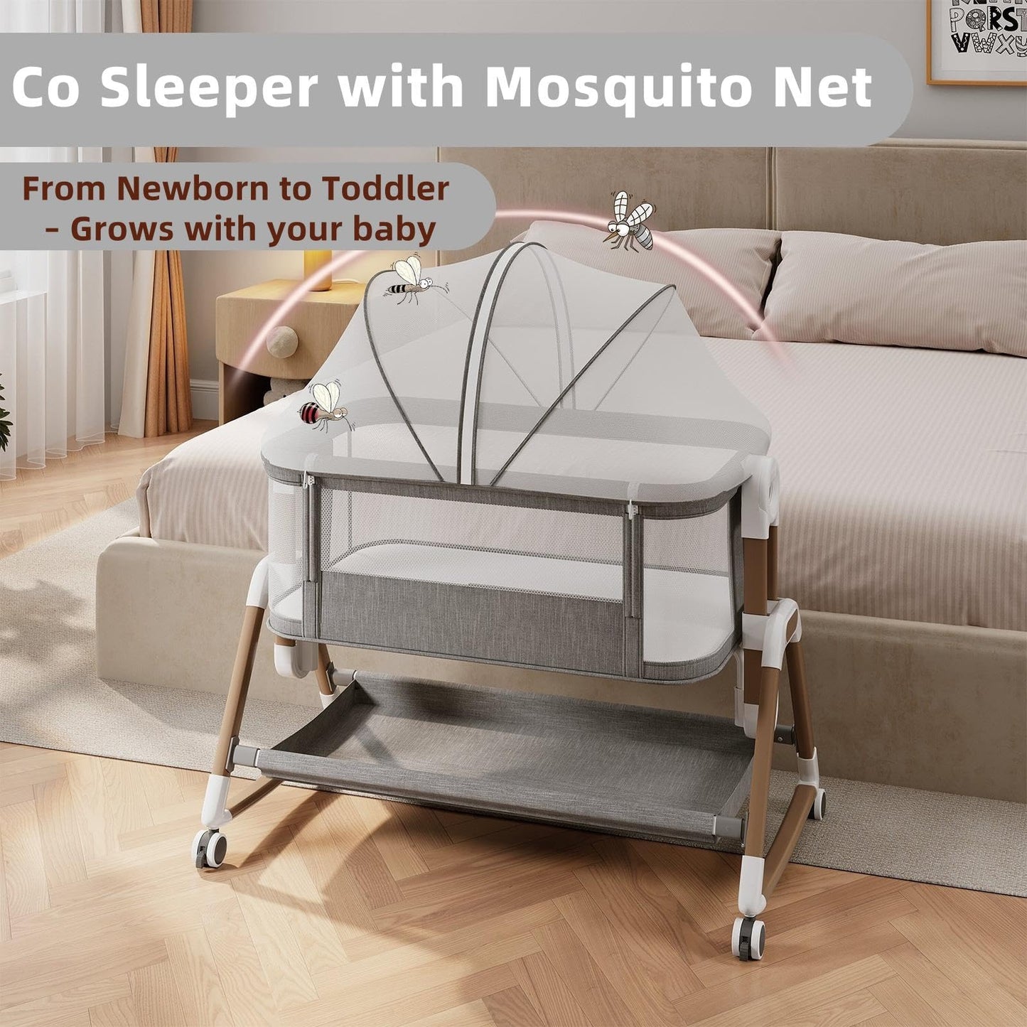 WinkleStar Baby Bassinet Bedside Sleeper with Mattress, 6-Level Height Adjustable Co Sleeper Bassinet, Rocking Baby Crib with Mosquito Net, 360° Wheels & Storage Basket – Premium Linen & Metal Frame