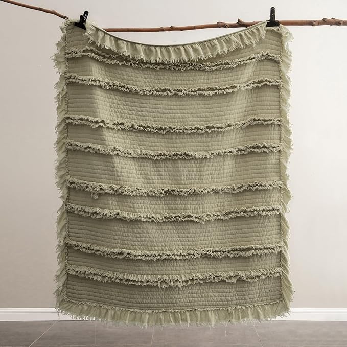 Ultra Soft Pre-Washed Quilted Boho Olive Green King Size Blankets for Bed, Sage Green Ruffle Fringed Decorative Throw, Stone Washed Chic Rustic Blanket for Sofa Couch Bed, 104"*90"