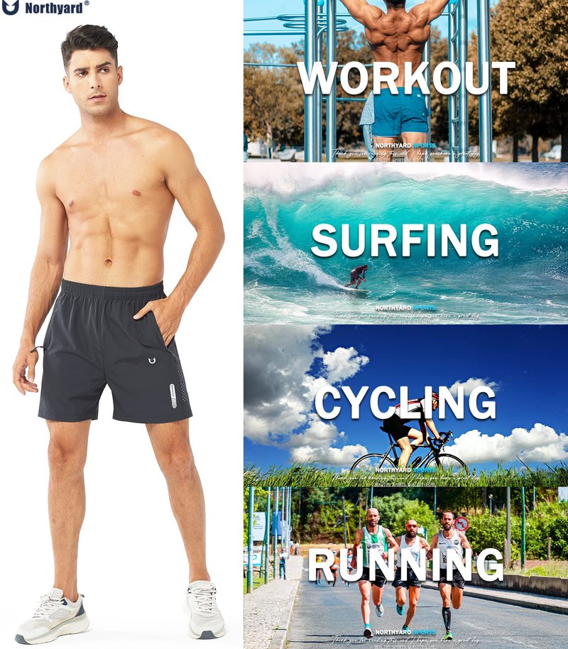 NORTHYARD Men's Athletic Running Shorts Gym Workout 7"/9"/5" Quick Dry Lightweight Sports Basketball Tennis 3 Zipper Pockets DARKGREY-5inch 2XL