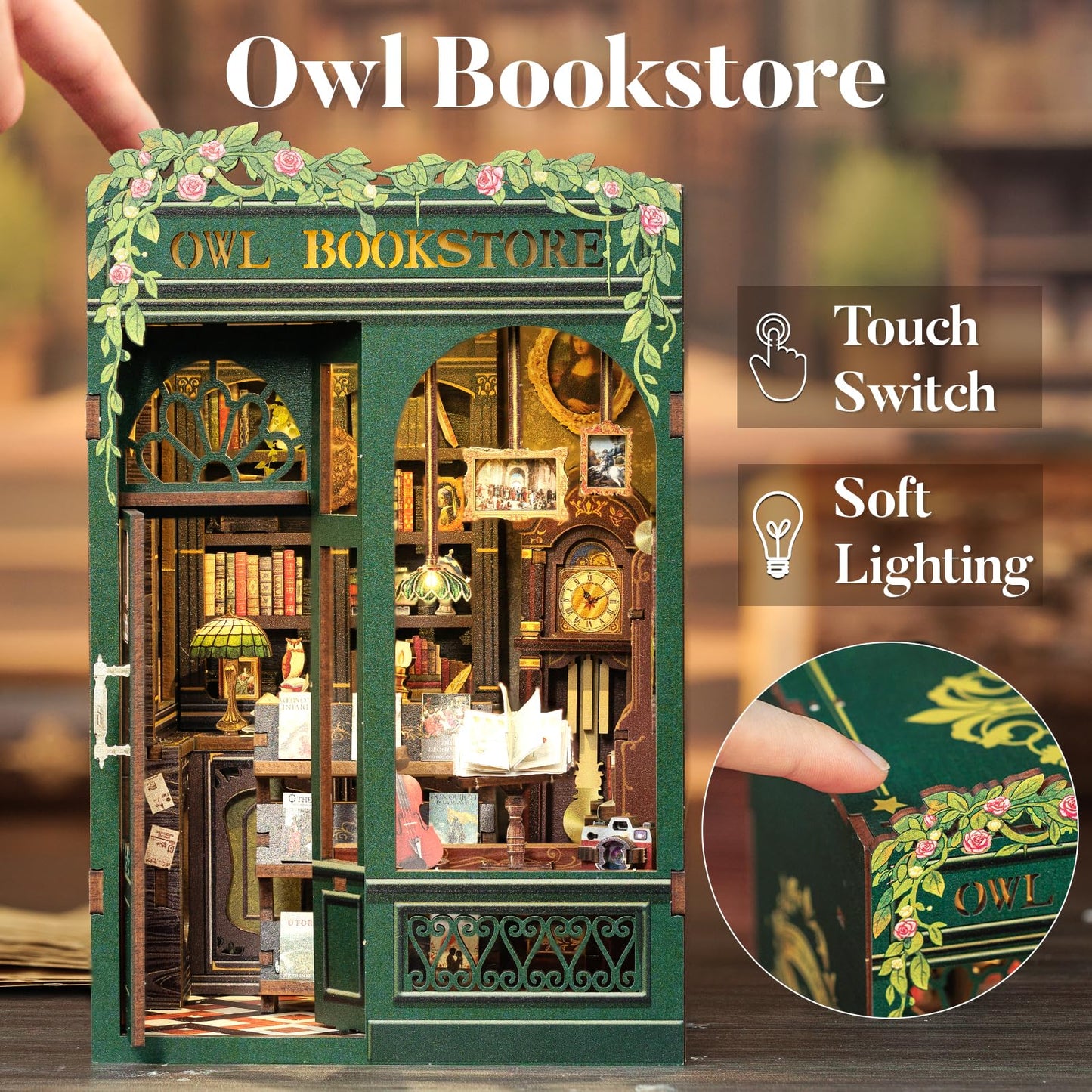 CUTEBEE Book Nook Kit - DIY Miniature House Kit for Adults, Teens and Beginners, Dollhouse Booknook Library Tiny House Bookshelf Decor 3D Wooden Puzzle, Gifts for Family, Friends (Owl Bookstore)