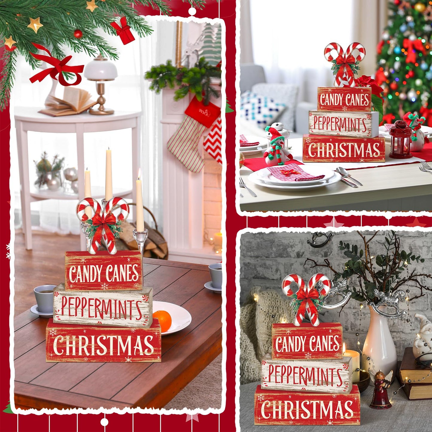 Moucuny 4 Pcs Christmas Candy Cane Table Decor Christmas Wooden Decorative Signage Red and White Stripes Candy Cane Xmas Tiered Tray Decor Centerpieces Farmhouse Wooden Block Set for Home