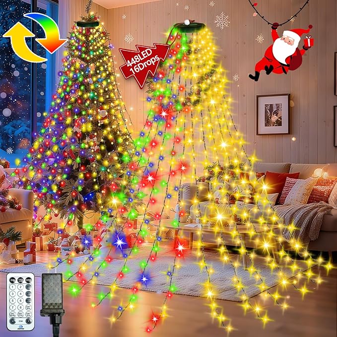 448LED Cascading Twinkle Christmas Tree Lights Indoor Outdoor with Remote | 7FT x 16 Lines Waterfall Tree Topper Lights, 12 Modes & Timer for 7FT Xmas Tree Christmas Decoration(Warm Multicolor)