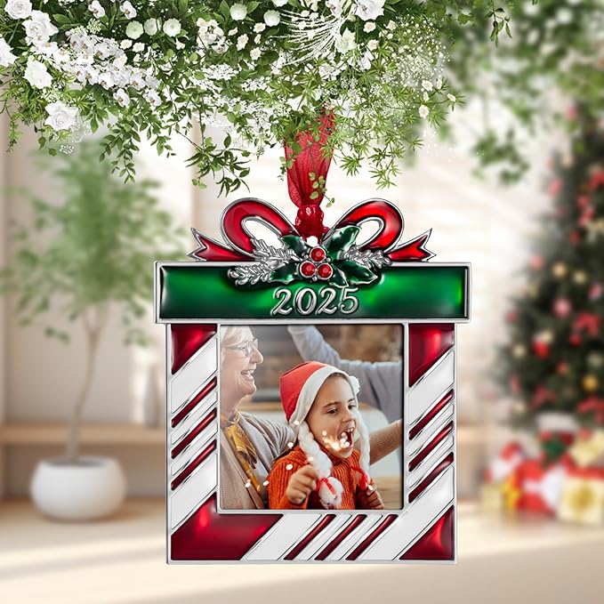 2025 Christmas Tree Ornaments Picture Frame Ornament- Made of Zinc Alloy Glitter Powder Pendant 2.5 Inch Picture Frame for Pet and Baby Holiday Keepsake Gift(Gift Bag,2025)