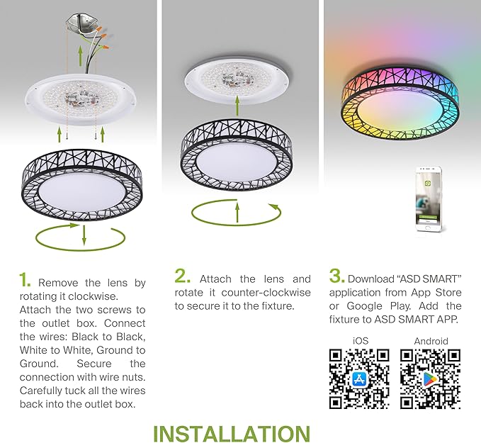 ASD 12 Inch Smart RGBW Flush Mount Ceiling Light with Remote - Matte Black 20W 120V 2700-6500K Dimmable Ceiling Light Fixture, WiFi App Control RGB Lights, Alexa & Google Assistant - ETL, 4 Pack