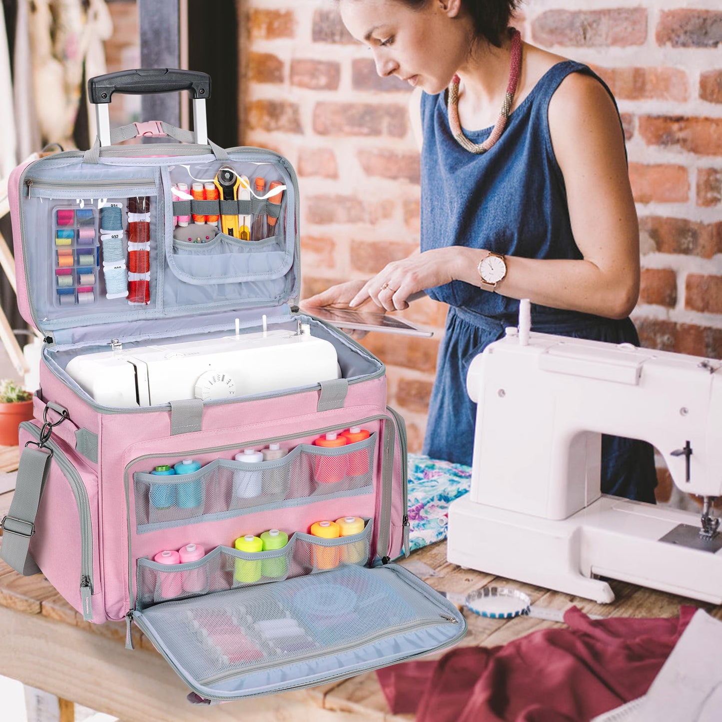 LUXJA Rolling Sewing Machine Case with Multiple Pockets, Sewing Machine Bag with Wheels and Detachable Shoulder Strap (Compatible with Most Standard Sewing Machines), Pink