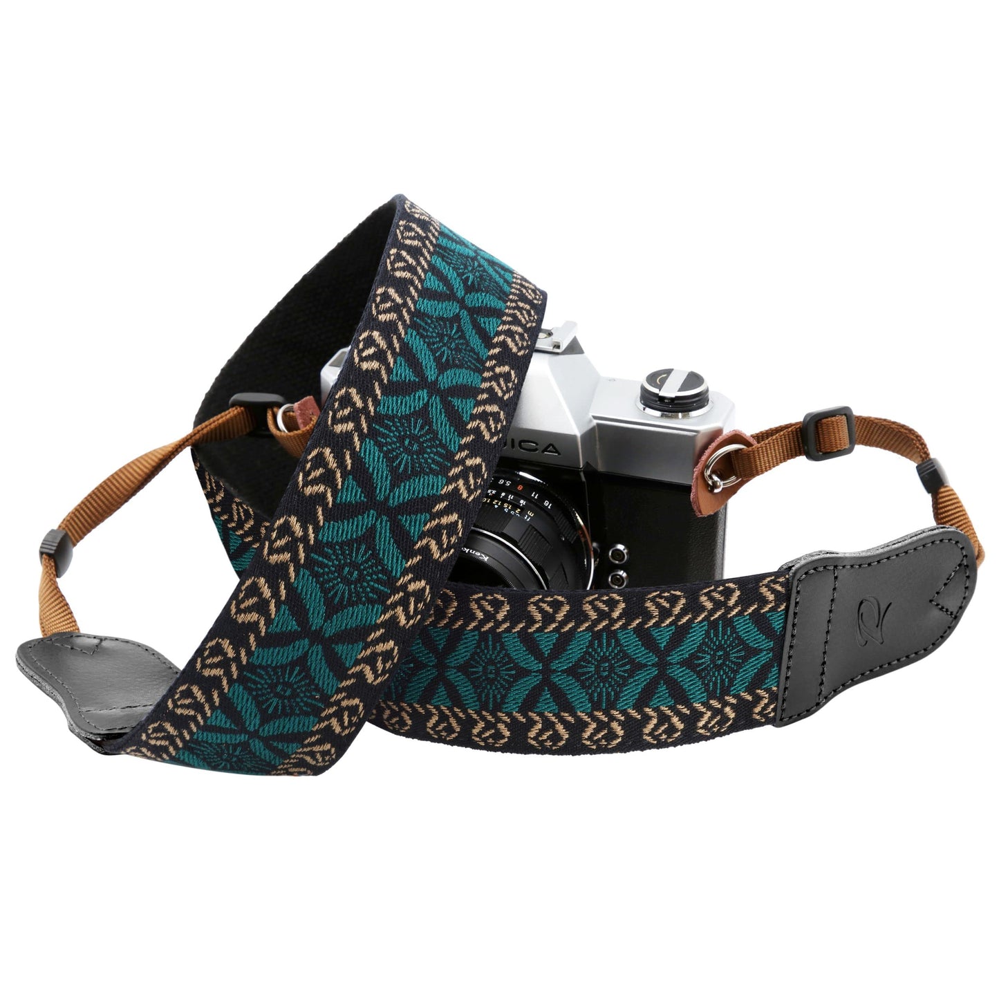 Padwa Lifestyle Mystic Green Embroidered Camera Strap - Double Layer Cowhide Ends,2" Cotton Vintage Camera Straps, Adjustable Neck & Shoulder Strap for All DSLR Cameras,Great Gift for Photographers