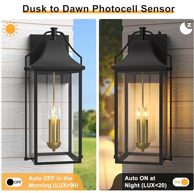 ๐ฎ๐ฑ-๐๐ก๐๐ Outdoor Wall Lights Fixtures, Large Size Dusk to Dawn Waterproof Exterior Lanterns, Modern Porch Sconce Wall Mounted with Glass, Black Outside Lights for House Patio Front Door