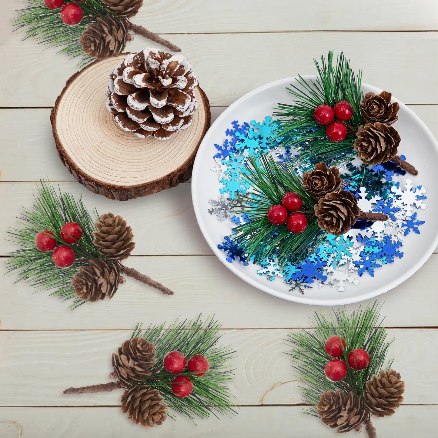 12pcs Christmas Floral Picks, Artificial Pine Pick Christmas Pinecone Berry Pick Stems Pine Tree Needles Branches Decoration for Xmas Tree DIY Craft Flower Arrangements Wreaths Party Supply