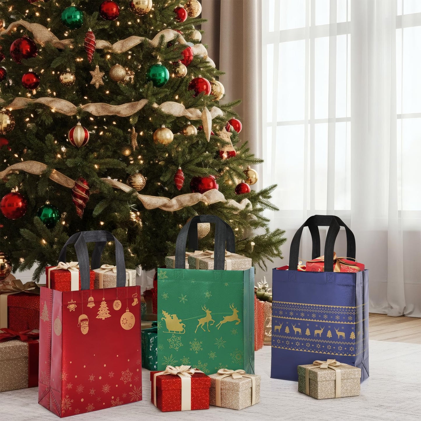STYPOP 16 Pack 10" Christmas Gift Bags Medium Size with Tissue Paper, Reusable Non-Woven Christmas Tote Bags with Handles, Perfect for Holiday Gift Wrap/Party Favor Supplies, 10.2" ร 8.3" ร 4"