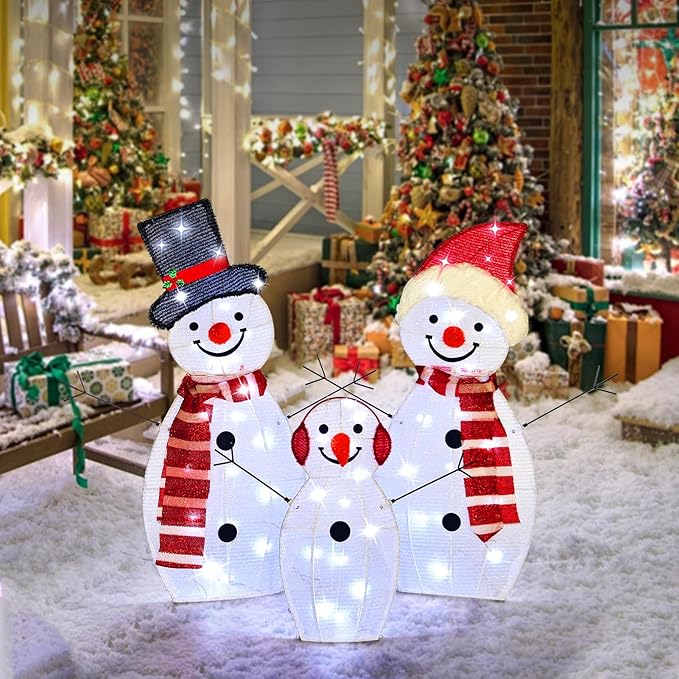 BRIGHTDECK Light Up Snowman Christmas Decorations Outdoor, 54 LEDs Set of 3 Lawn Ornament, Outdoor Lighted Holiday Displays for Christmas Yard Decorations (Snowman)